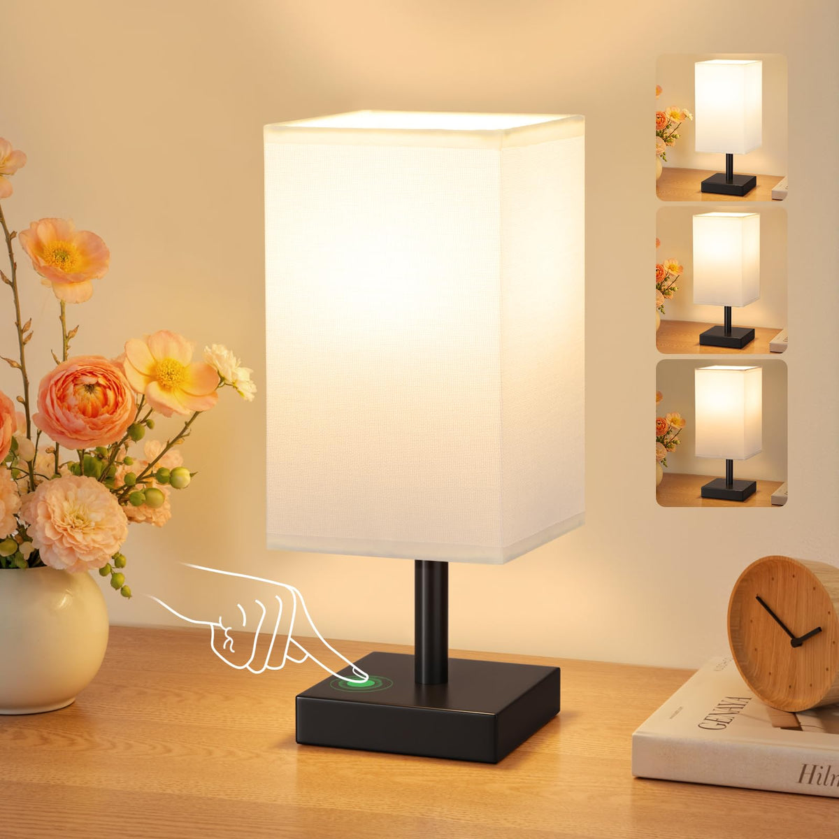 White Table Lamp for Bedroom, Small Bed Lamp with for Bedroom, Silver Base(Bulb Included)