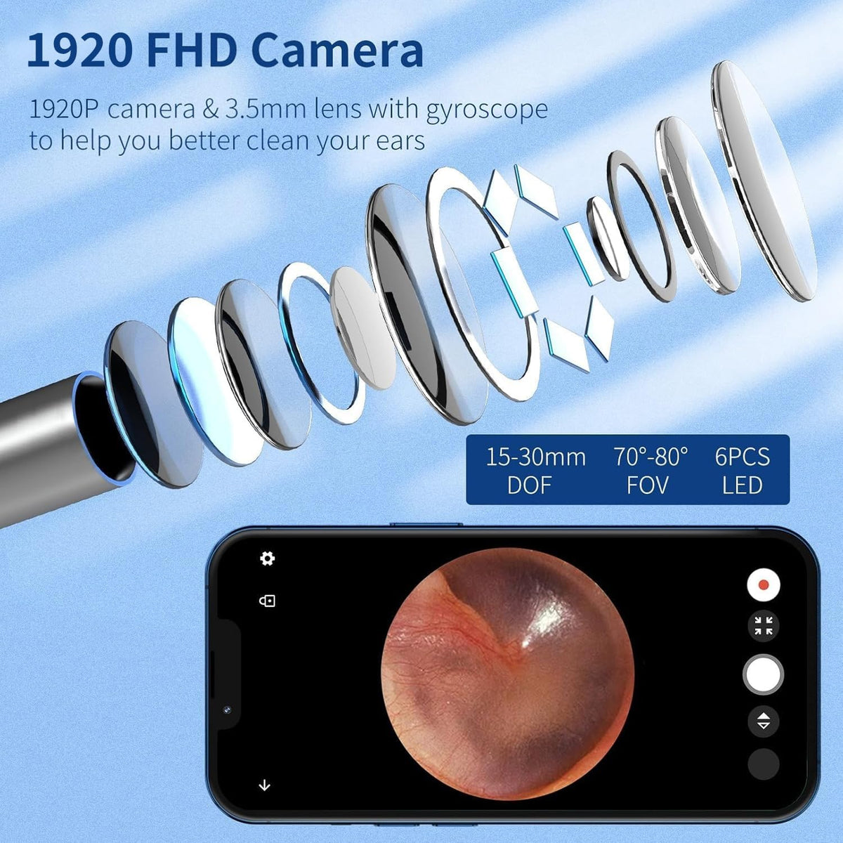 Ear Wax Removal Otoscope, WiFi 1920P Ear Cleaner Camera, 3.5mm Diameter Ear Cleaner, IP67 Waterproof Ear Camera with 6 LEDs for iPhone, iPad and Android Smartphones, Black