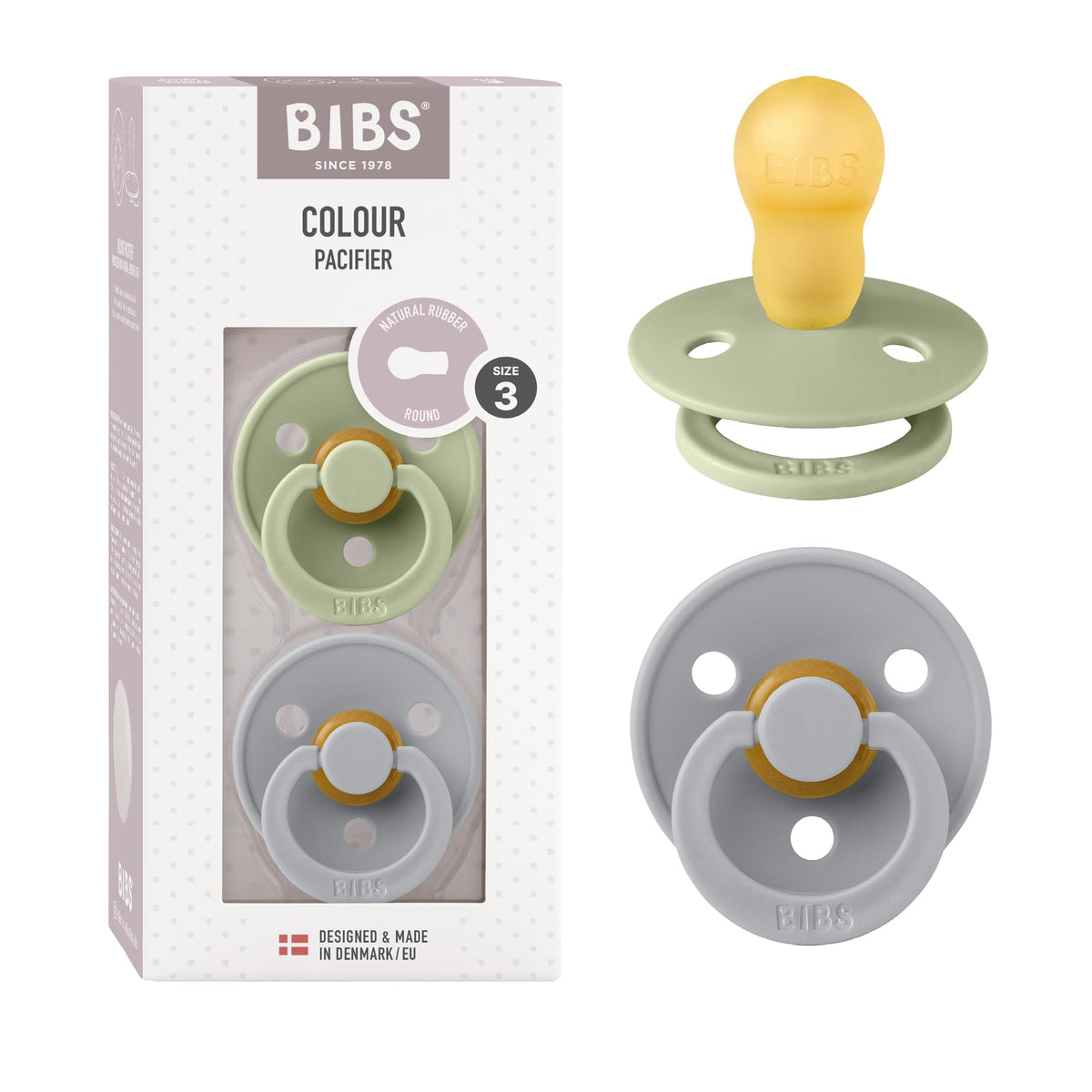 BIBS Colour Soother 2-Pack, BPA Free Dummy Pacifier, Round Nipple. Natural Rubber Latex, Made in Denmark, Size 2 (6-18 Months), Baby Blue