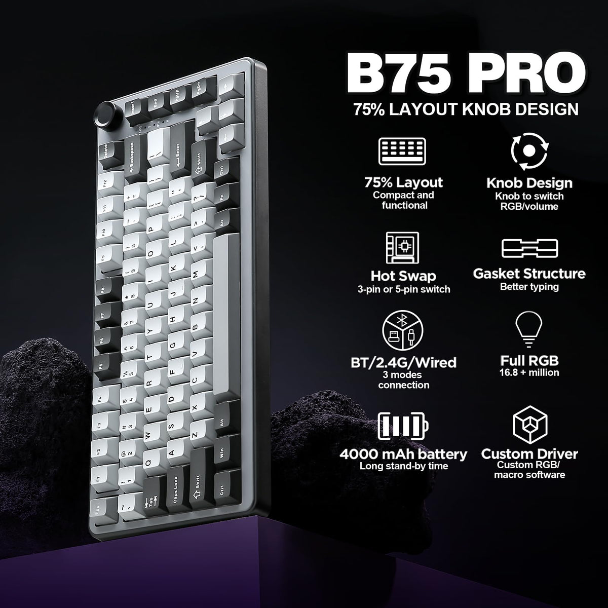 YUNZII B75 PRO 75% Wireless Mechanical Keyboard (Black Heart,Cocoa Switch)