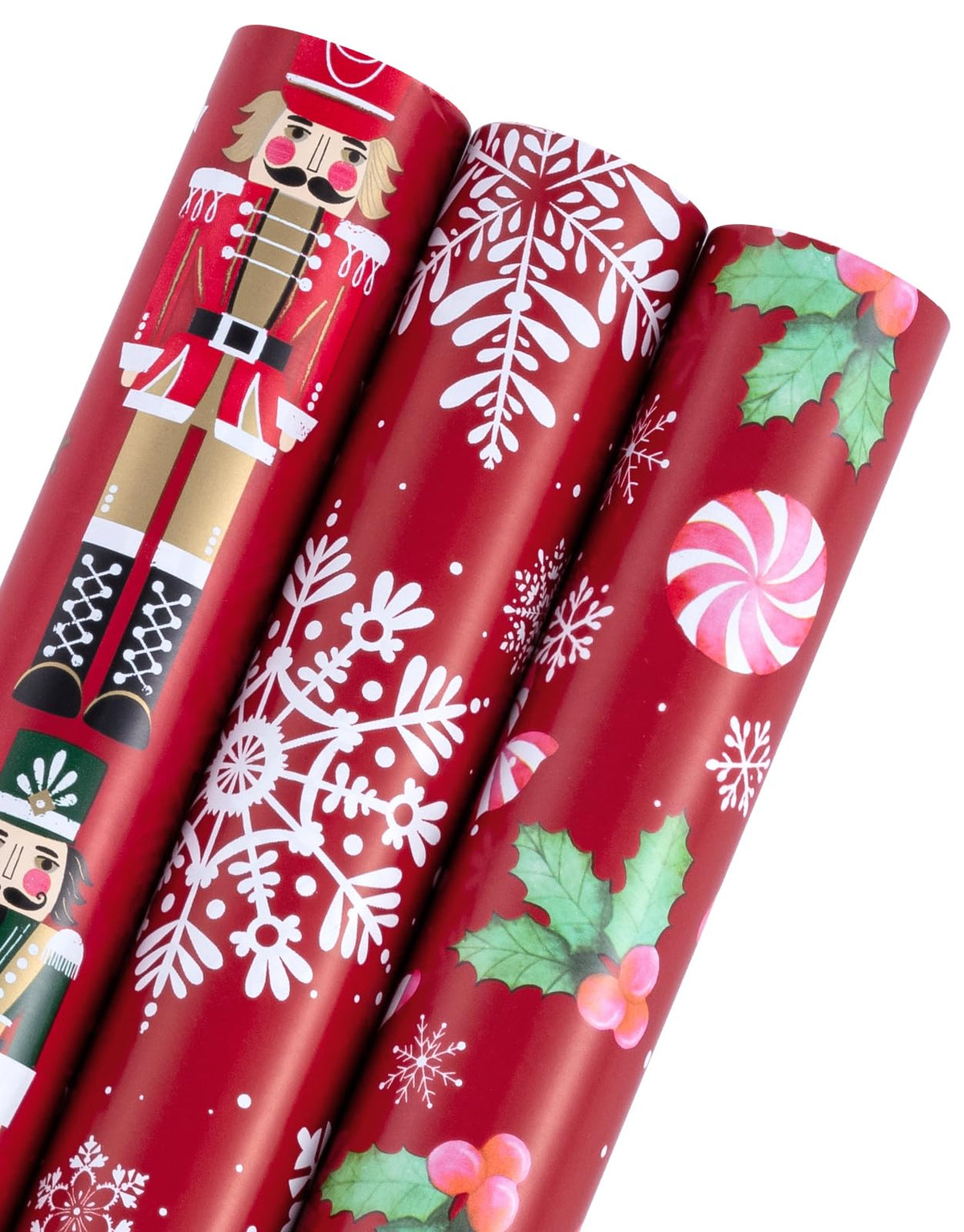 RUSPEPA Christmas Wrapping Paper Roll - Mini Roll - 3 Rolls - 43.2cm x 3m Per Roll - Bird, Christmas Garland, Holly and Pinecones Holiday Design with Metallic Foil Shine
