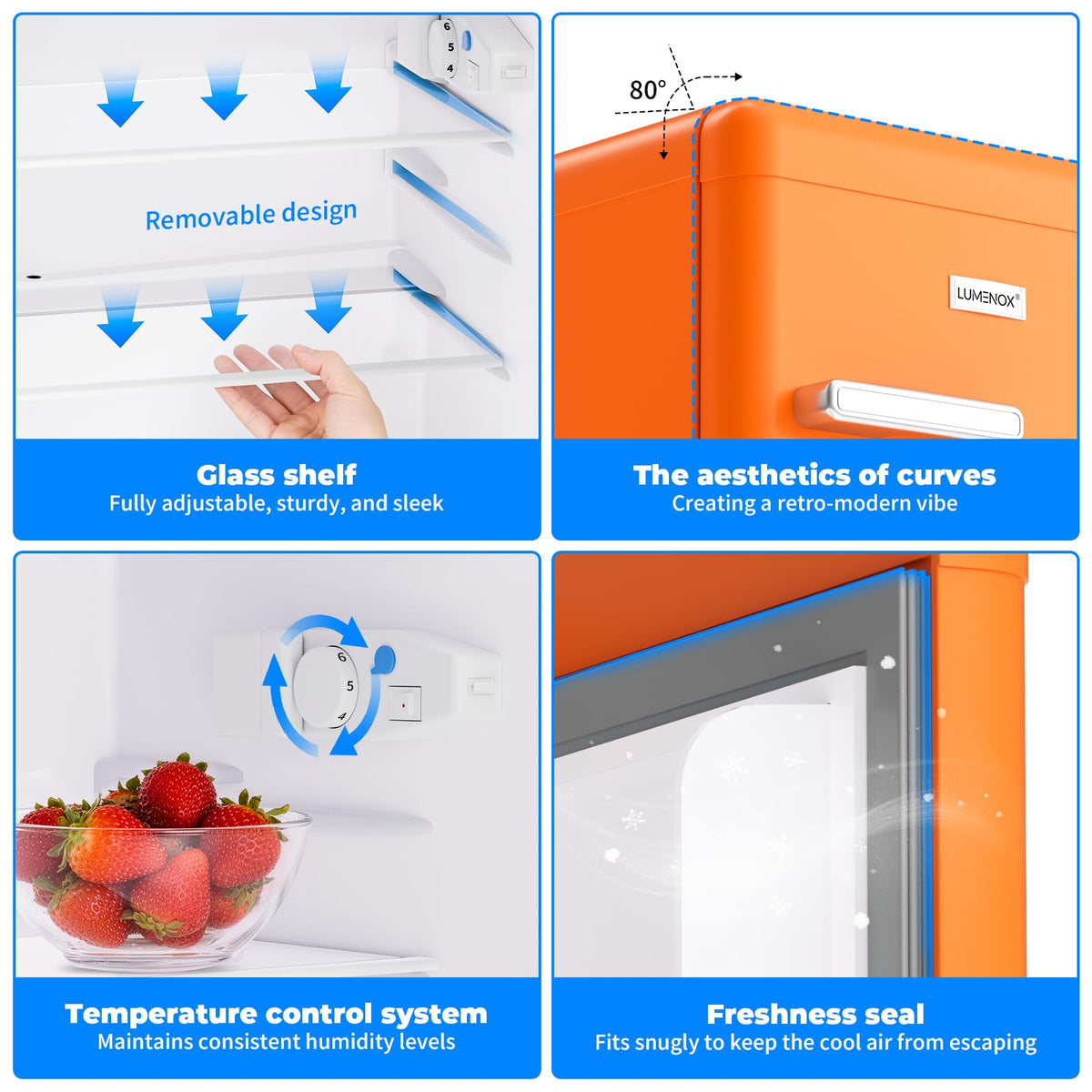 Retro Mini Fridge, 72L Compact Refrigerator, 43dB Quiet Operation, Adjustable 7-Temp Control, with LED Light, for Bedroom, Office, Kitchen & RV