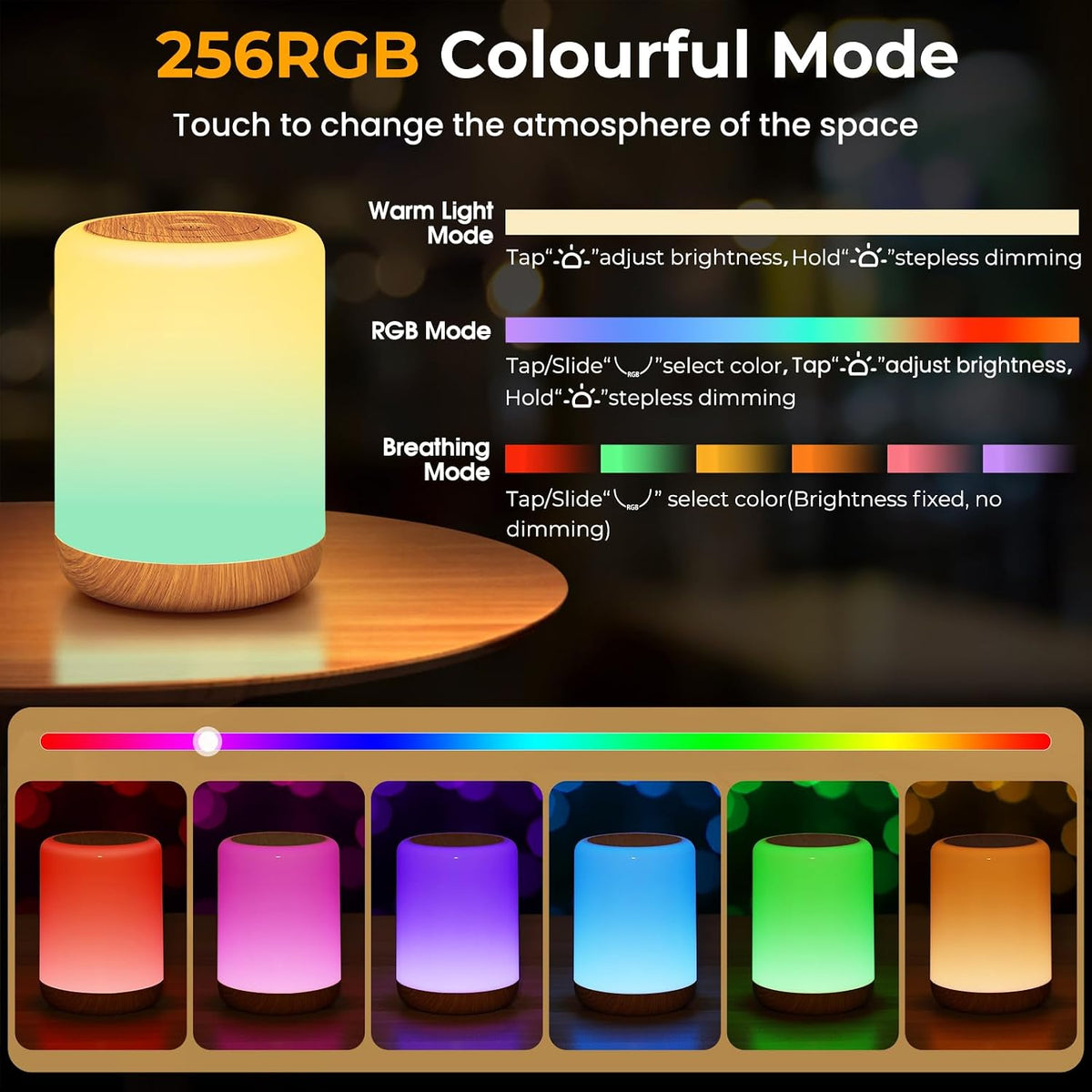 Night Light, Dimmable Touch Bedside Lamp with 256 RGB, Timer, Memory
