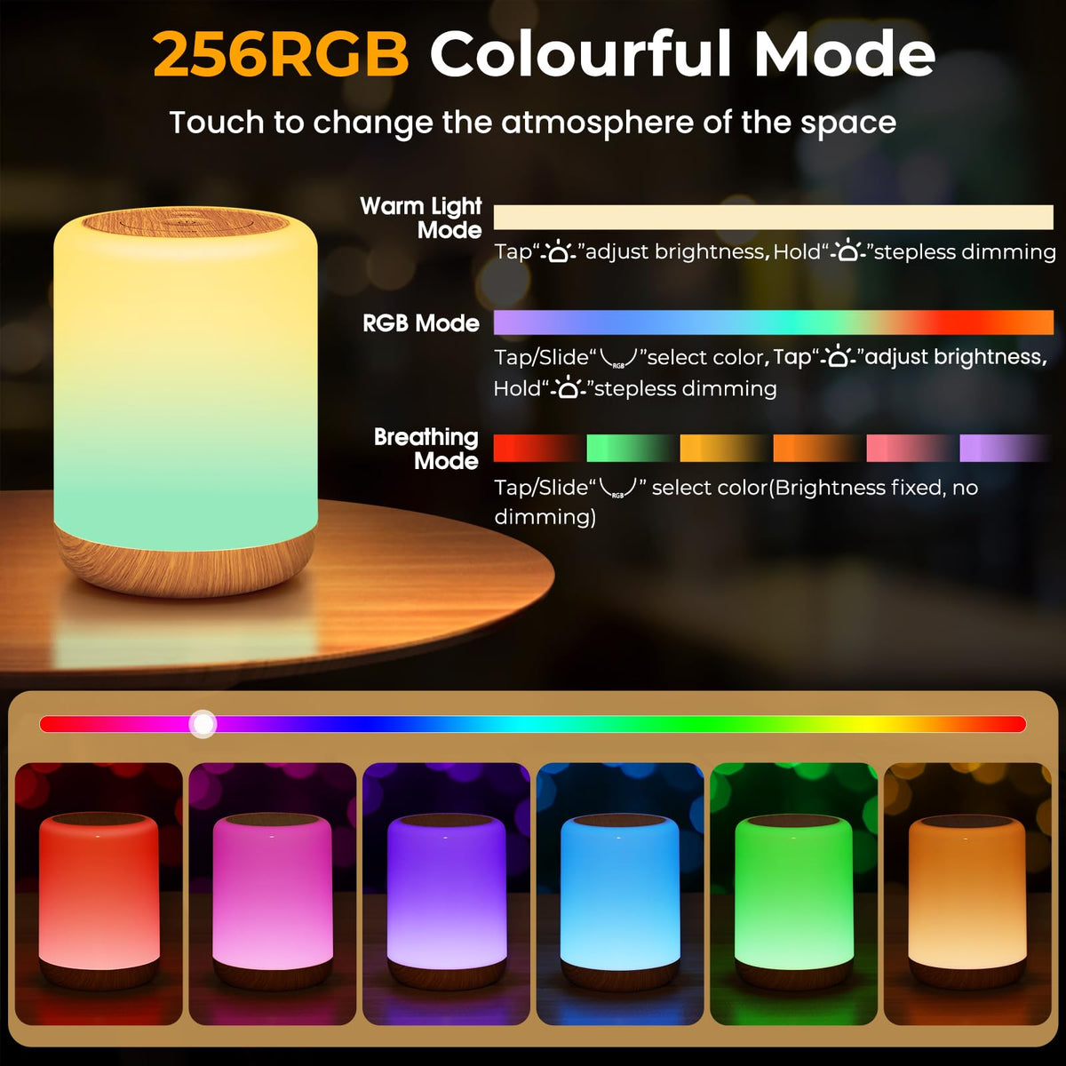Night Light, Dimmable Touch Bedside Lamp with 256 RGB, Timer, Memory
