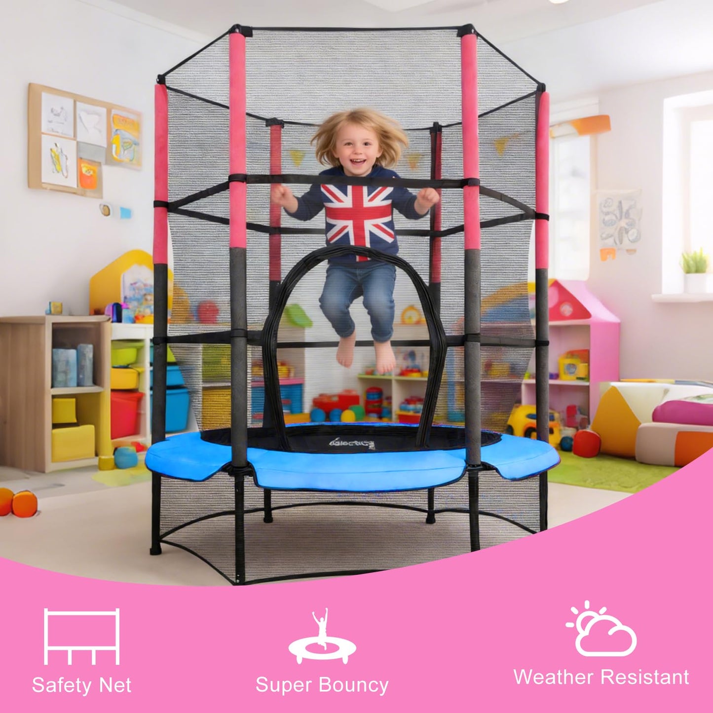 GALACTICA 55" Kids Mini Trampoline with Safety Enclosure Net — Max 25 kg | 4 Colours