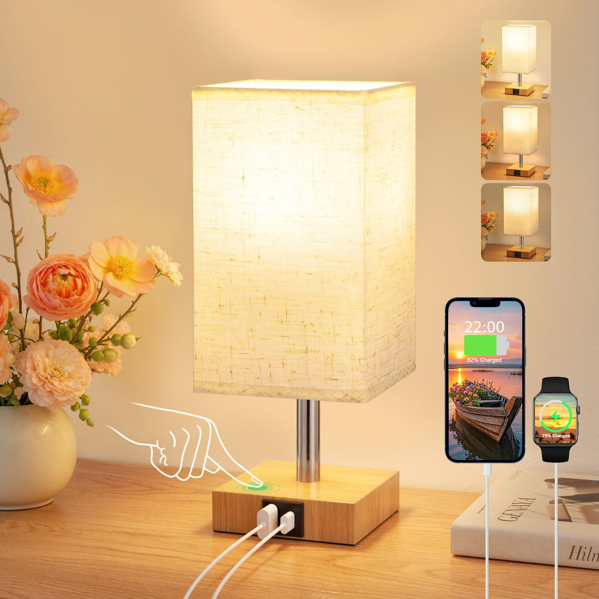 White Table Lamp for Bedroom, Small Bed Lamp with for Bedroom, Silver Base(Bulb Included)
