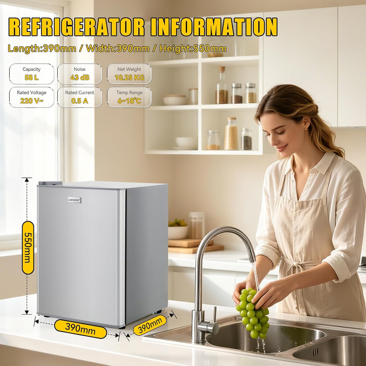 58L Table Top Mini Fridge, 7-Level Temperature Control (6 to18°C), 43dB Quiet, LED Light, for Bedroom, Office & Kitchen [Energy Class E]