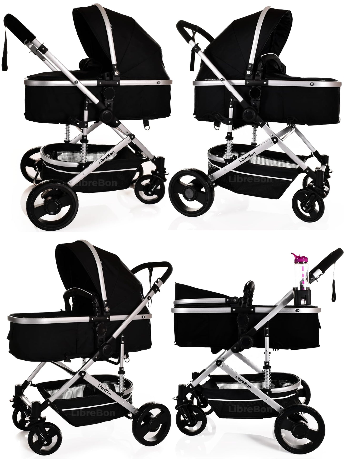 Baby Buggy Pram Pushchair 3 in 1 with Car Seat Child Lightweight Folding Stroller One Size Fits All 3 in 1 Travel System Pram for Newborns & Toddlers 0-36 Months from Birth (Black - Silver Frame)