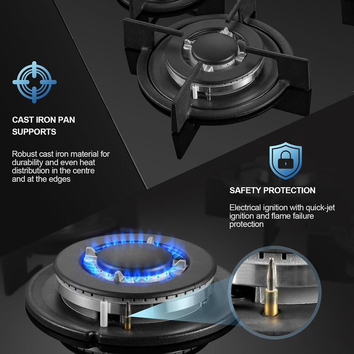 TopStrong Gas Hob 4 Burners, 60cm Black Glass Built-in Cooktop with 8060W Wok Burner & Thermocouple Protection, Natural Gas & LPG Compatible
