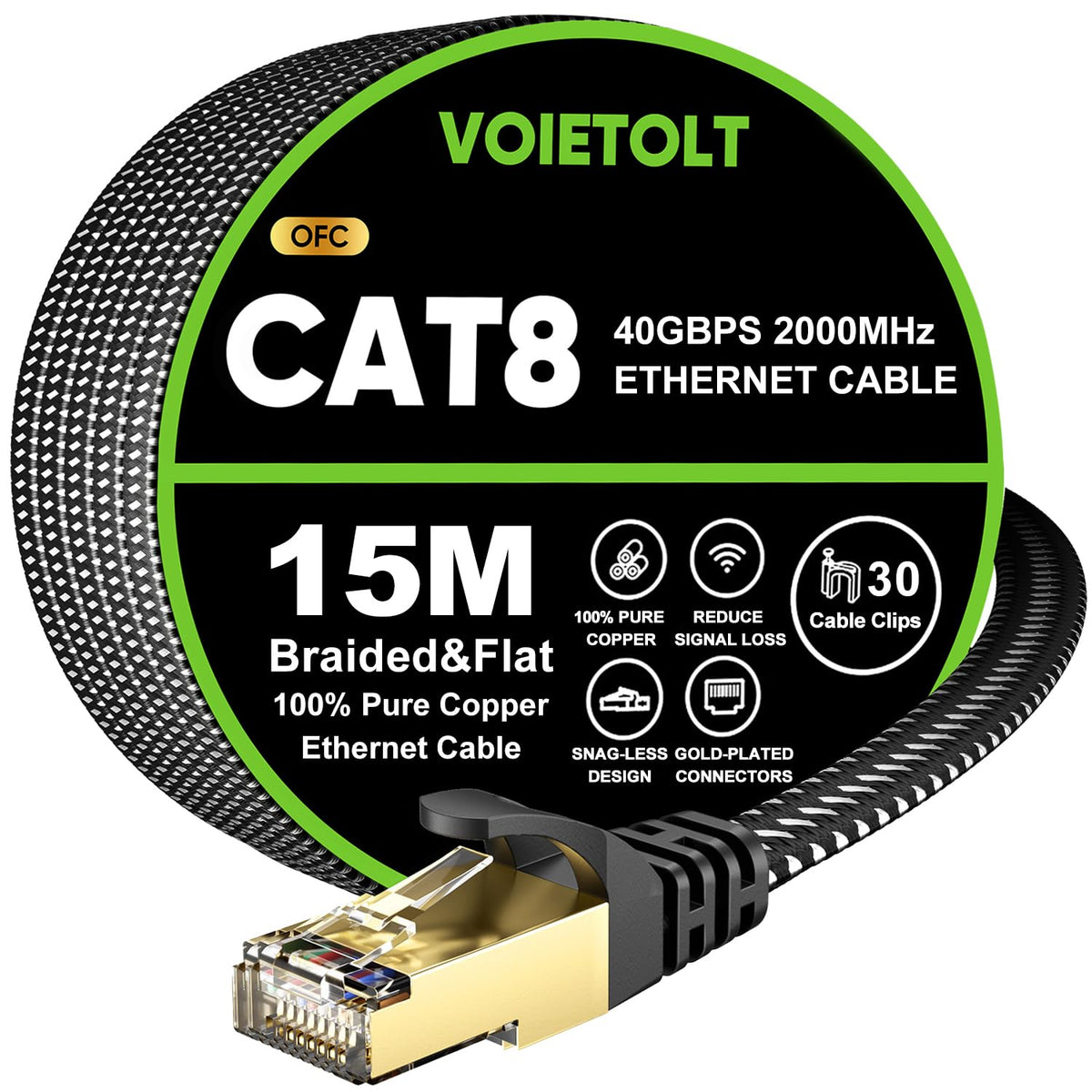 Cat 8 Ethernet Cable 10M, High-Speed 40Gbps/2000Mhz Flat Braided Internet Cable, Gigabit STP RJ45 Network Cable Compatible for PS4/5, for Modem, PC/Laptop