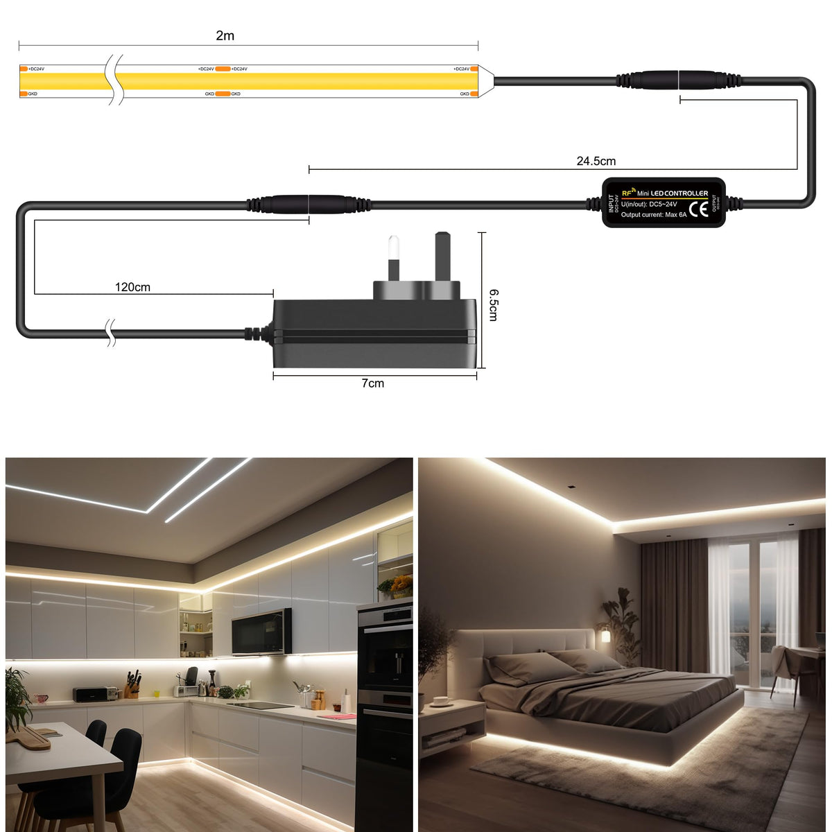 TTWAY COB LED Strip Lights 2700K, Dimmable LED Strip Kit, Super Bright 24V LED Tape Lights CRI90+ with RF Remote and UKCA Power Supply for DIY Home Decoration, 5M, 2400LEDs, Warm White.