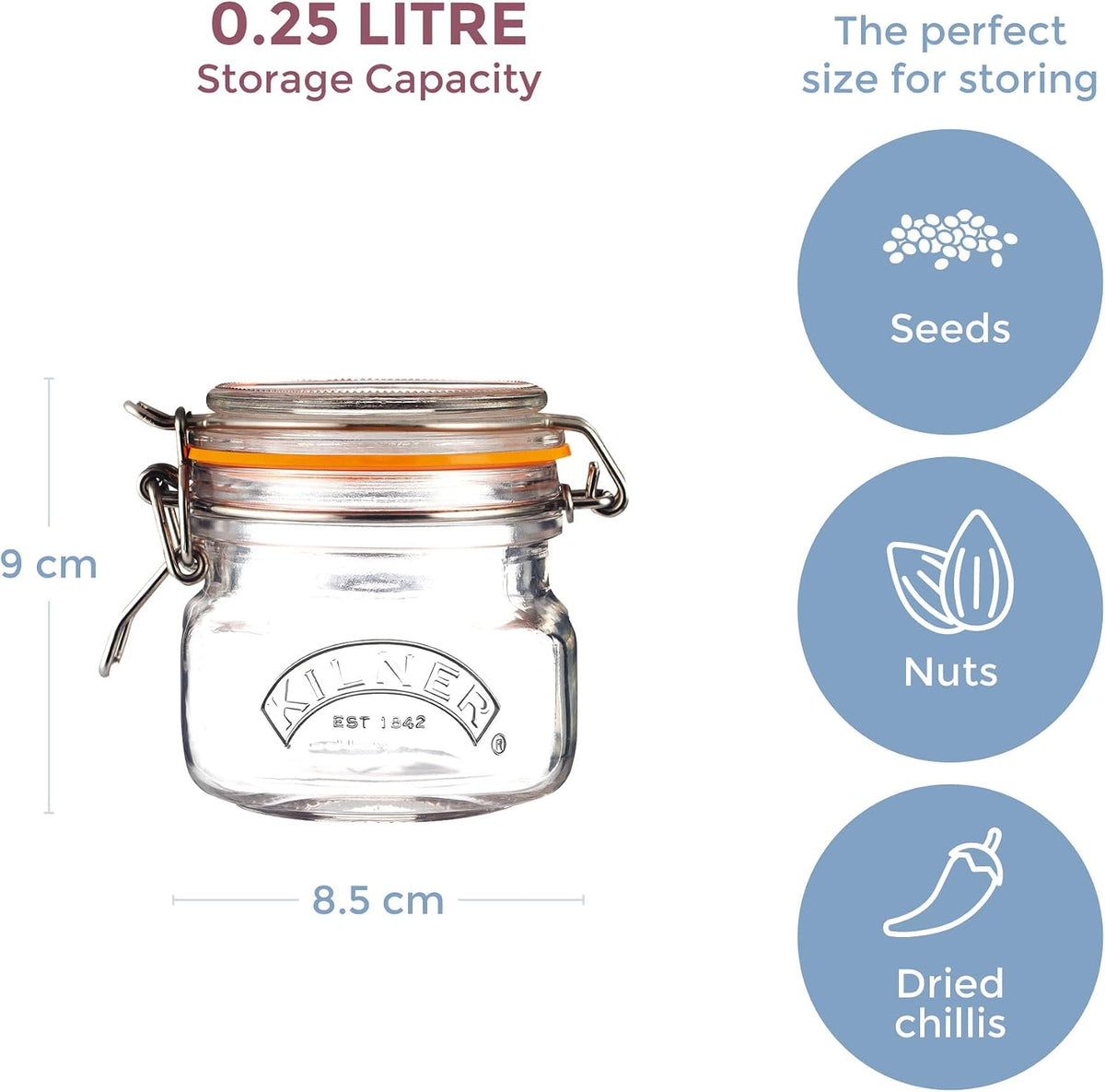 Kilner Square Clip Top Jar 250ml (0.25L) Airtight Glass Jar for Storing Herbs Spices Dried Fruits Nuts and Seeds
