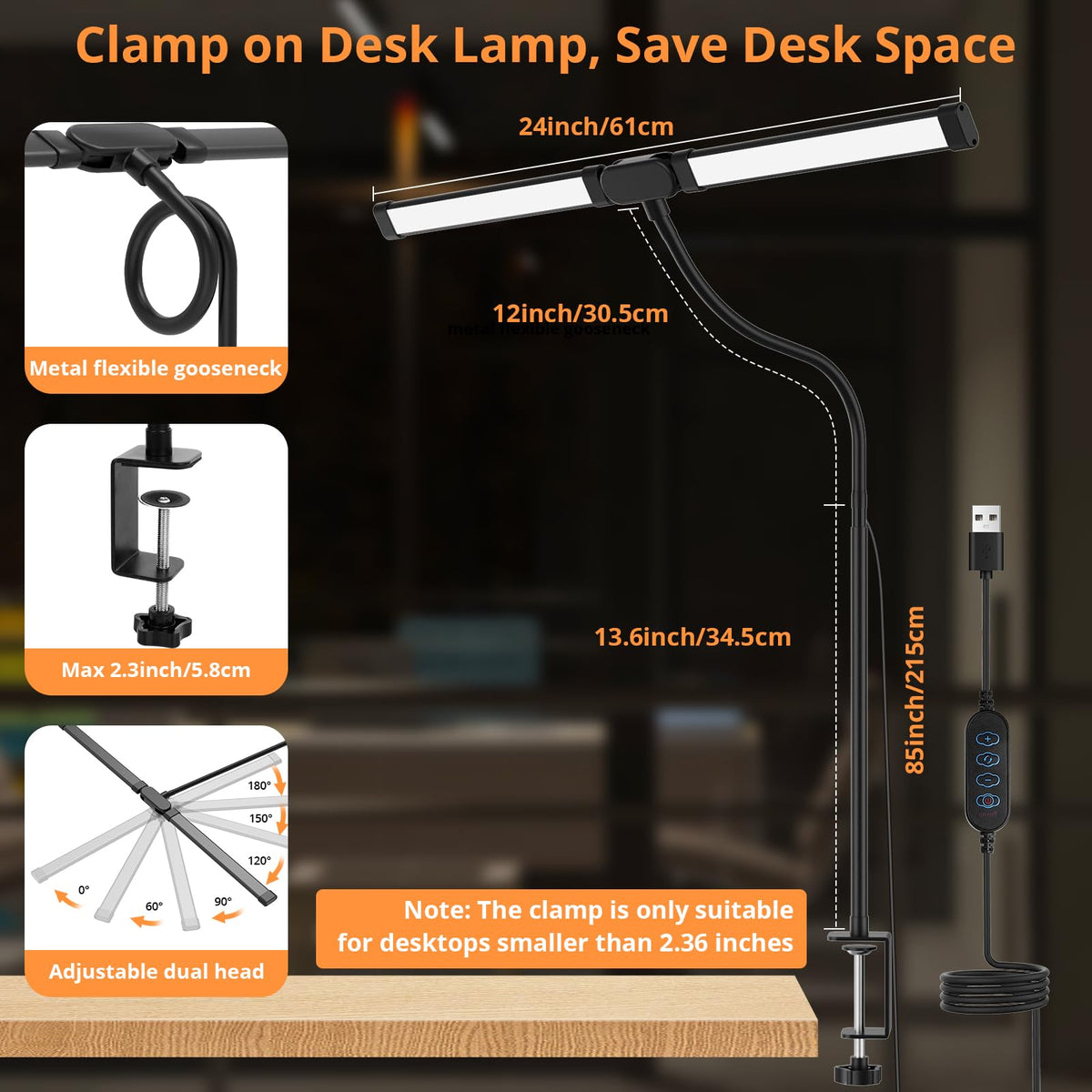 Woputne Dual Head Led Desk Lamp with Clamp for Home Office Study, 24W,Black