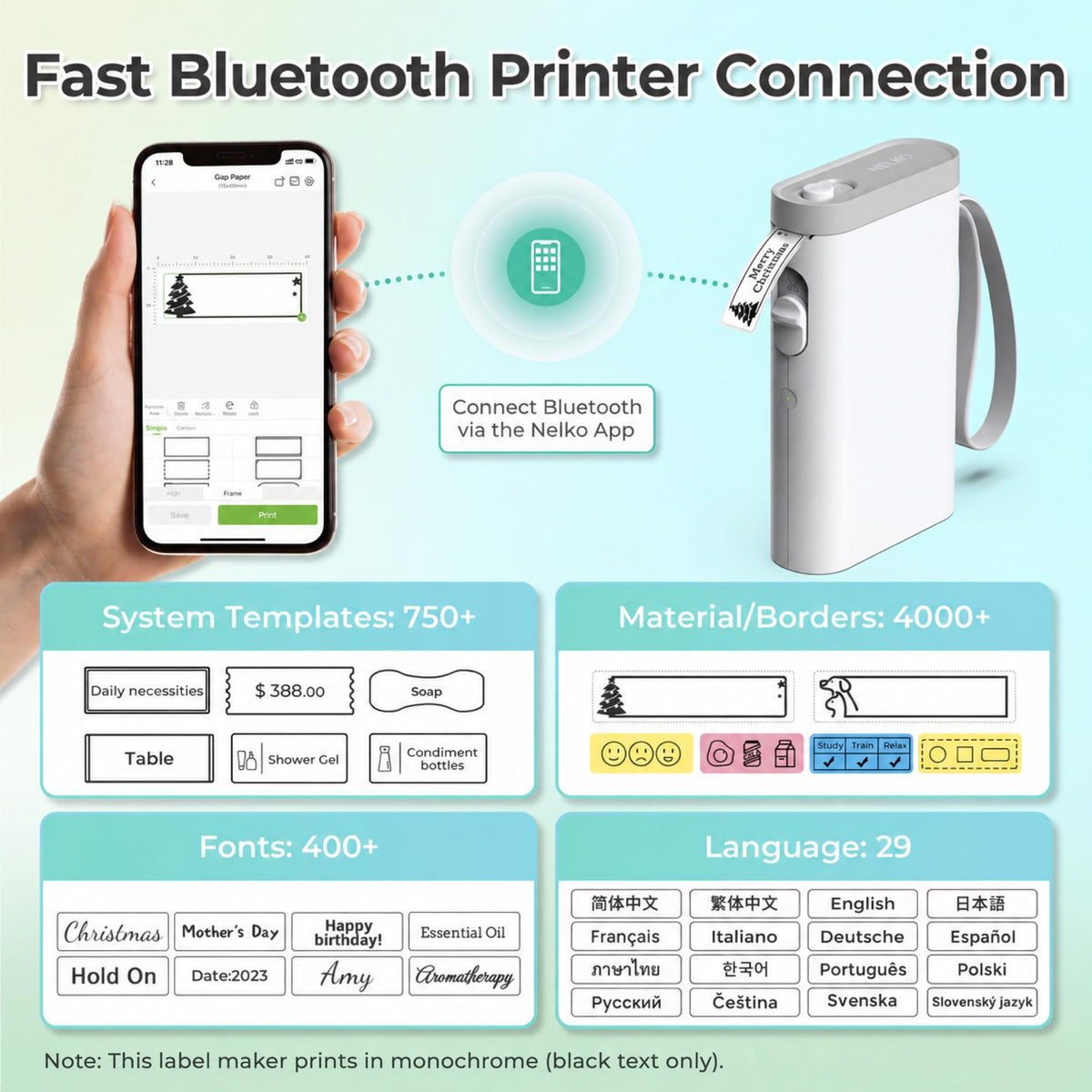 Nelko Label Maker P21 Portable Bluetooth Sticker Printer with Tape, Black