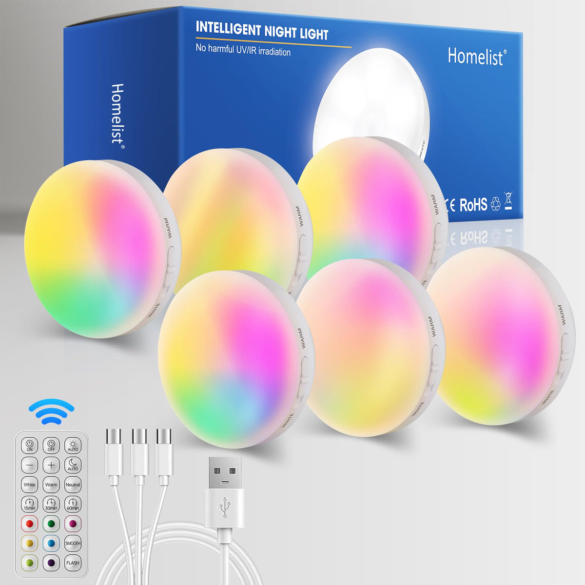 Homelist Motion Sensor Lights Indoor, Rechargeable Night Light, 6 Pack