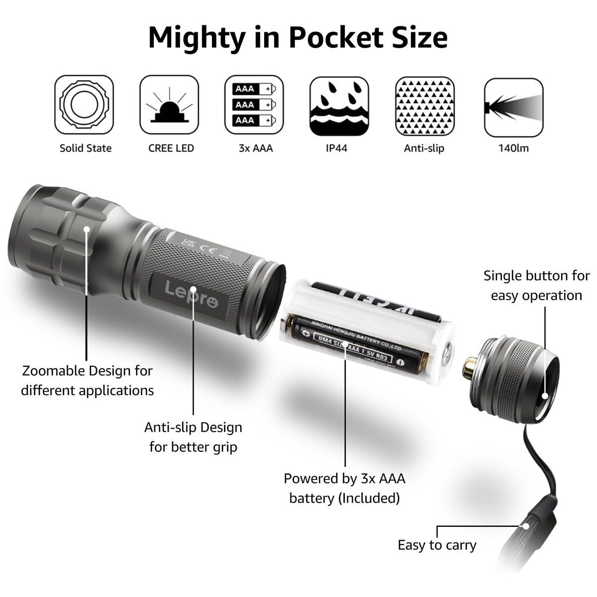 Lepro LE LED Torch Battery Powered, Camping Flashlight, Adjustable Focus