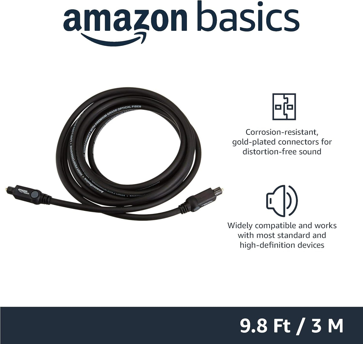 Amazon Basics Toslink Digital Optical Audio Cable, Multi-Channel, for Audio System, Sound Bar, Home Theatre, Gold-Plated Connectors, 3 m, Black
