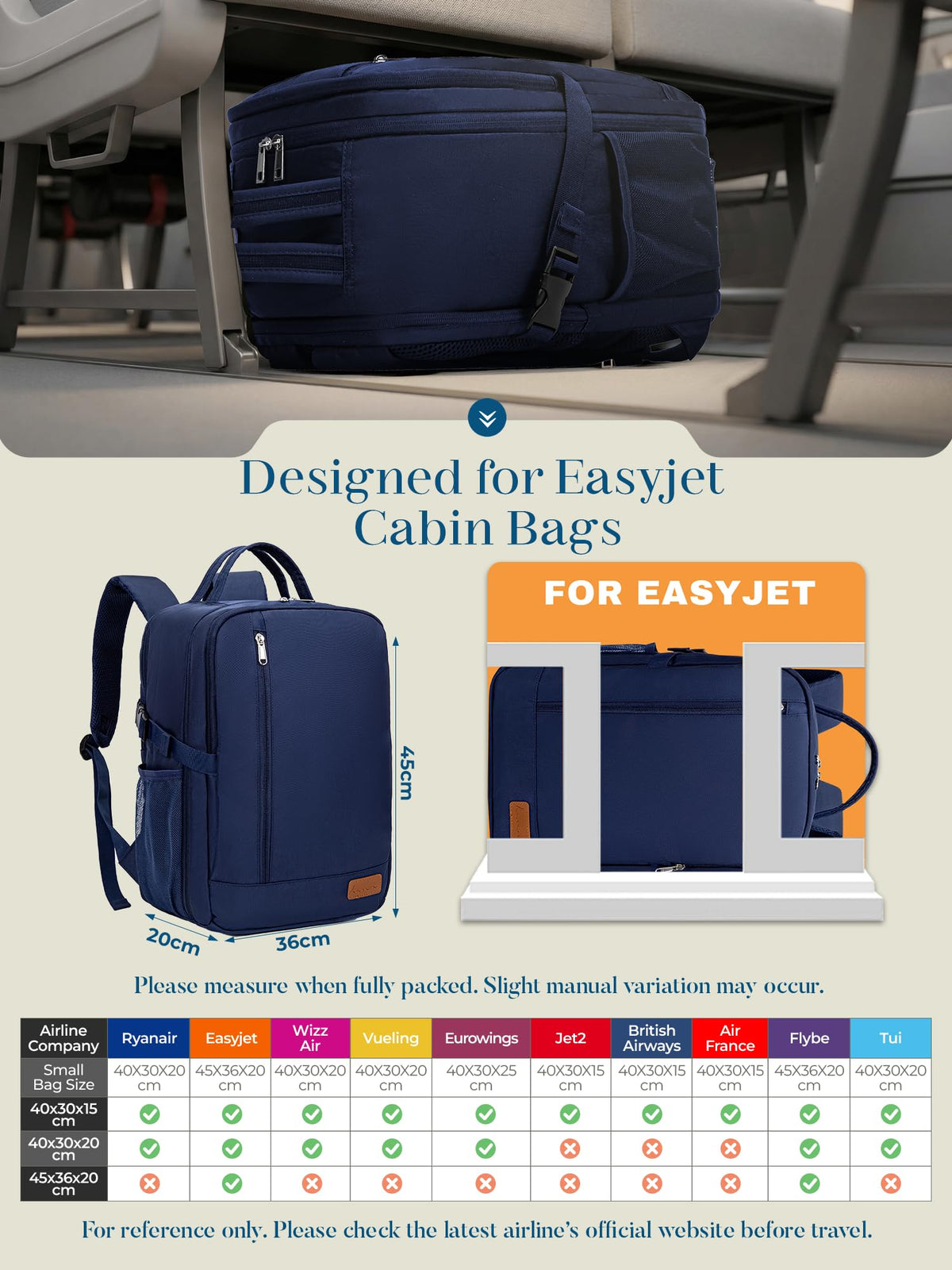 For Ryanair Cabin Bags 40x30x20 Underseat Travel Carry-on School Backpack