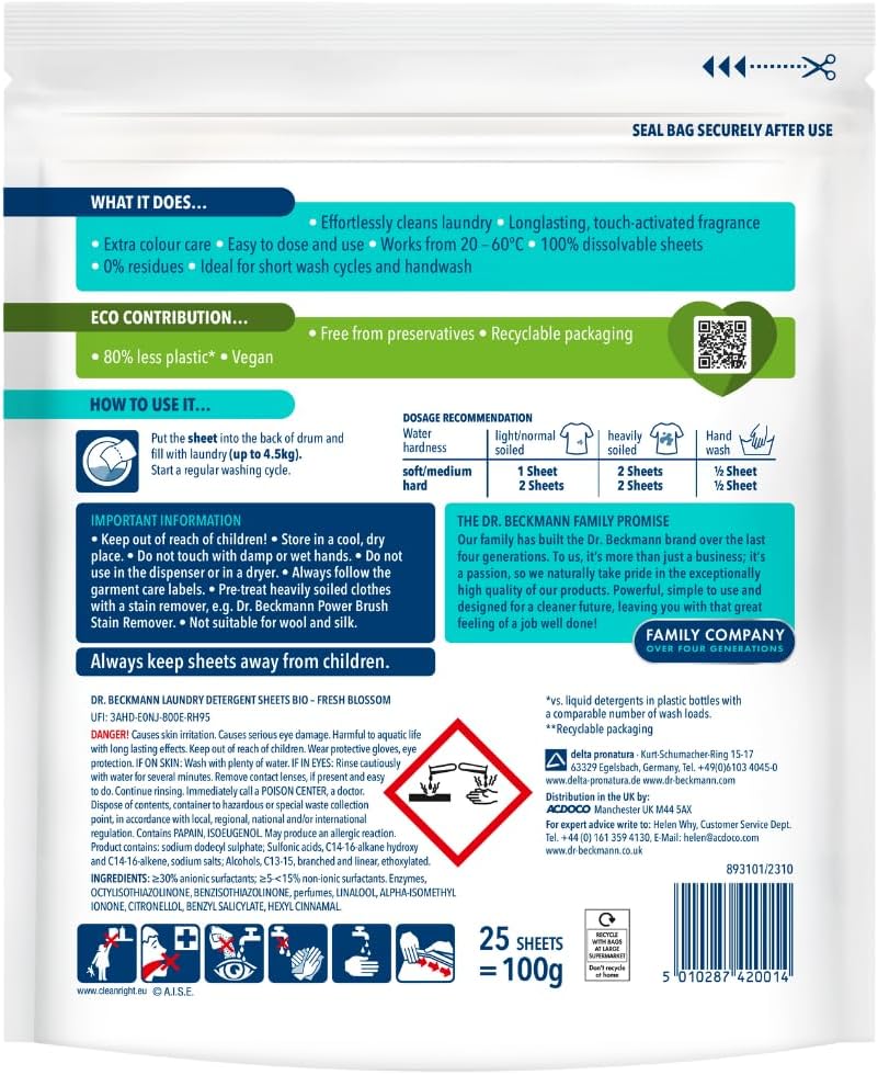 Dr. Beckmann MAGIC LEAVES Laundry Detergent Sheets BIO | Convenient and pre-dosed laundry detergent sheets | Dissolvable climate neutral and easy to use | 25 sheets