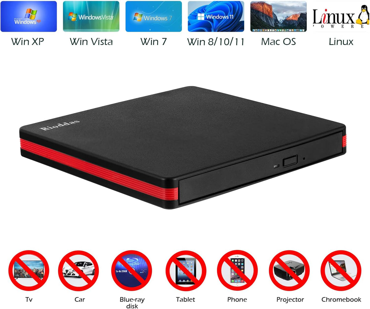 Rioddas External CD Drive, USB 3.0 Portable CD/DVD +/-RW Drive Slim DVD/CD ROM Rewriter Burner for Laptop Desktop PC Windows and Linux OS Apple Mac Macbook Pro
