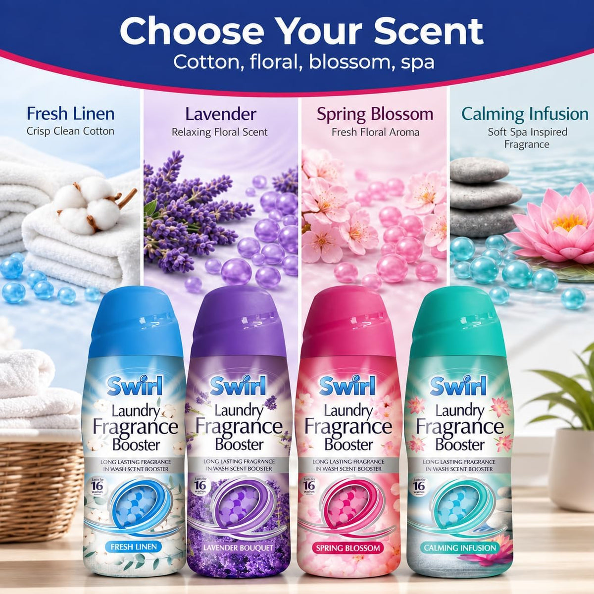 Laundry Scent Booster Beads for Laundry 4 x 350g – Wash Laundry Perfume Fragrance Booster, Long Lasting Washing Beads for Clothes & Washing Machine – Fresh Linen, Spring Blossom, Lavender & Calm