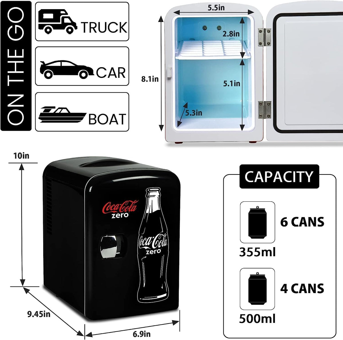 Coca Cola Coke Zero Mini Fridge For Bedrooms 4L Small 6 Can Table Top Quiet Mini Fridges For Skincare Office Food Drinks Kids Home Car & Travel 12V Portable Cooler Warmer Refrigerator (Black)