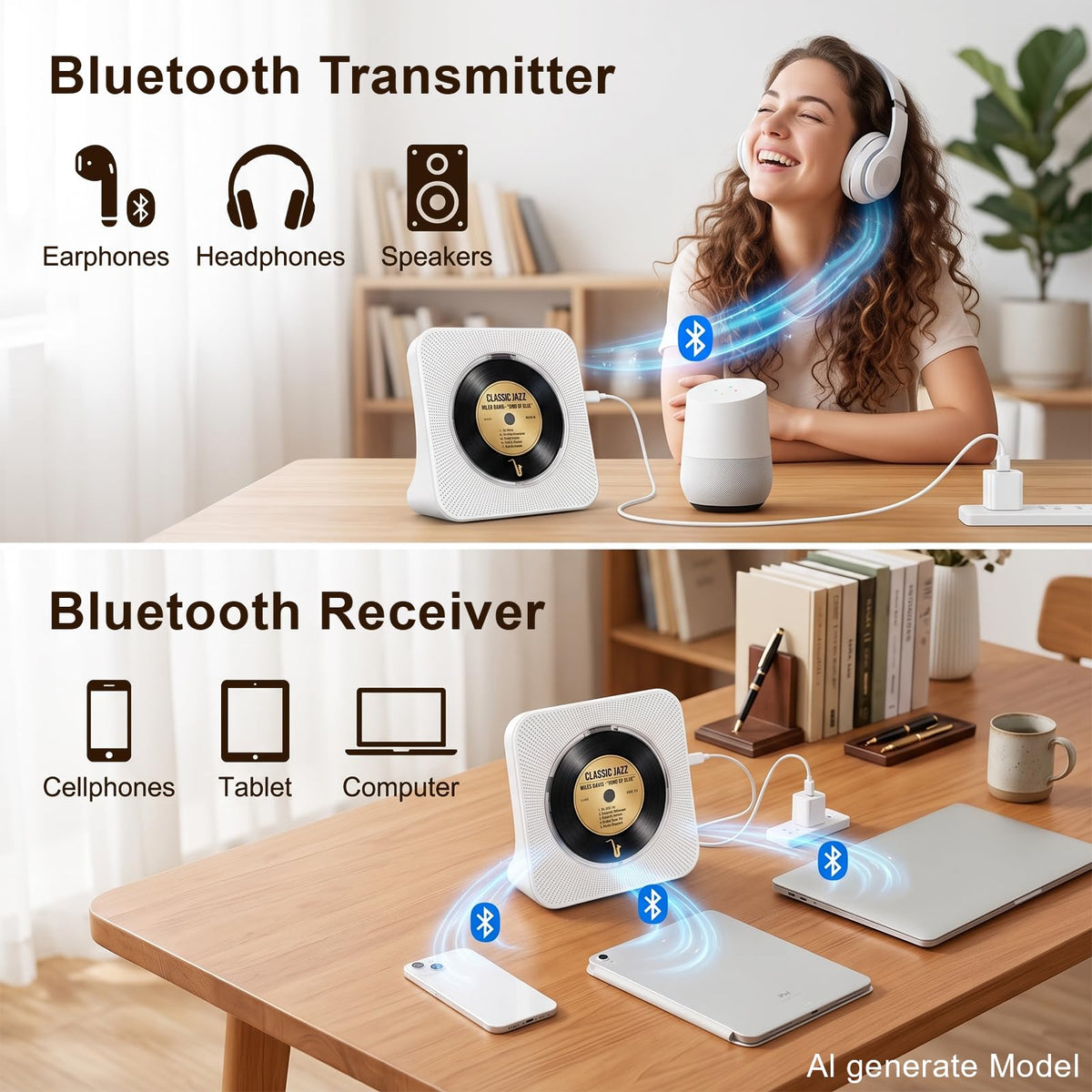 Portable CD Player with Bluetooth, Gueray Desktop CD Players for Home, Bulit-in Double HiFi Speakers, AUX&Headphone Jack, FM Radio Boombox with Remote Control, USB Port,LCD Display (Blue)