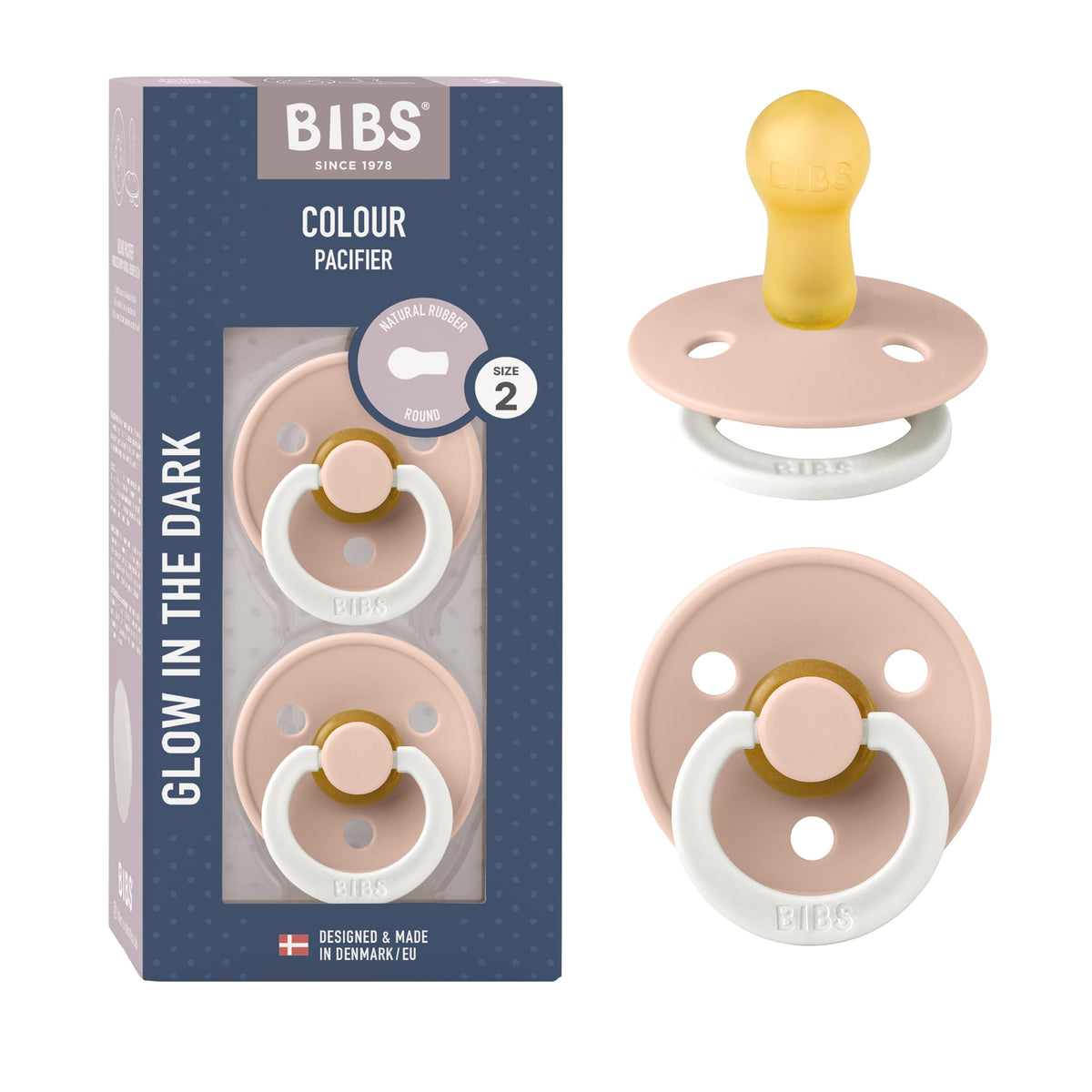 BIBS Colour Soother 2-Pack, BPA Free Dummy Pacifier, Round Nipple. Natural Rubber Latex, Made in Denmark, Size 2 (6-18 Months), Baby Blue