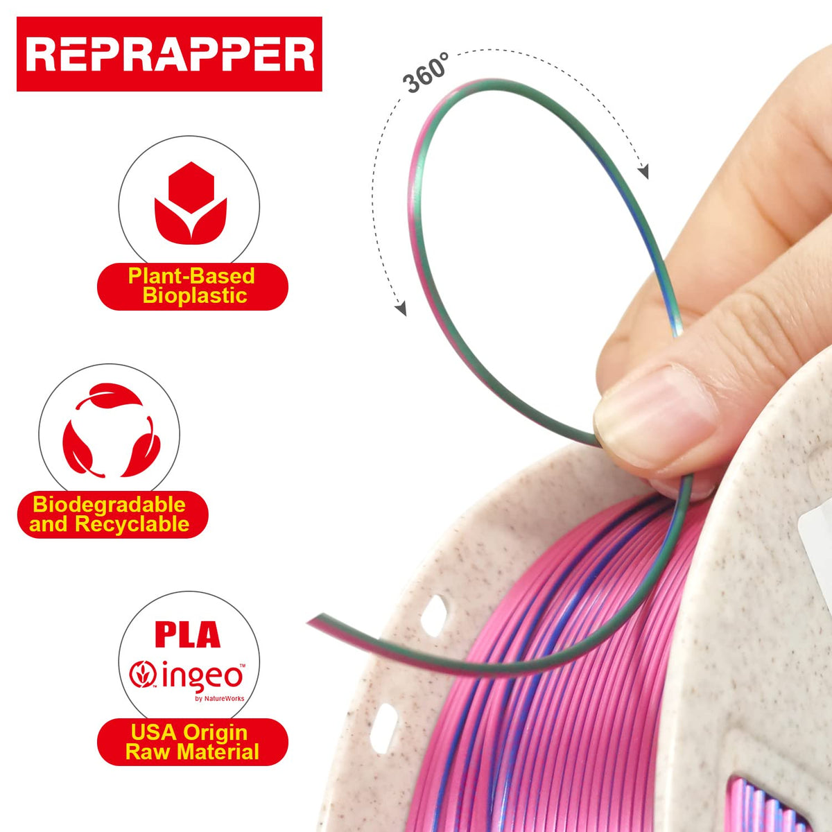 Reprapper 4X 250g Color Pack – Dual Color PLA Filament 1.75mm for 3D Printer & 3D Pen, Multicolour Filament, 4 x 250g Matte Red/Blue, Matte Purple/Green, Silk Red/Blue, and Silk Purple/Green