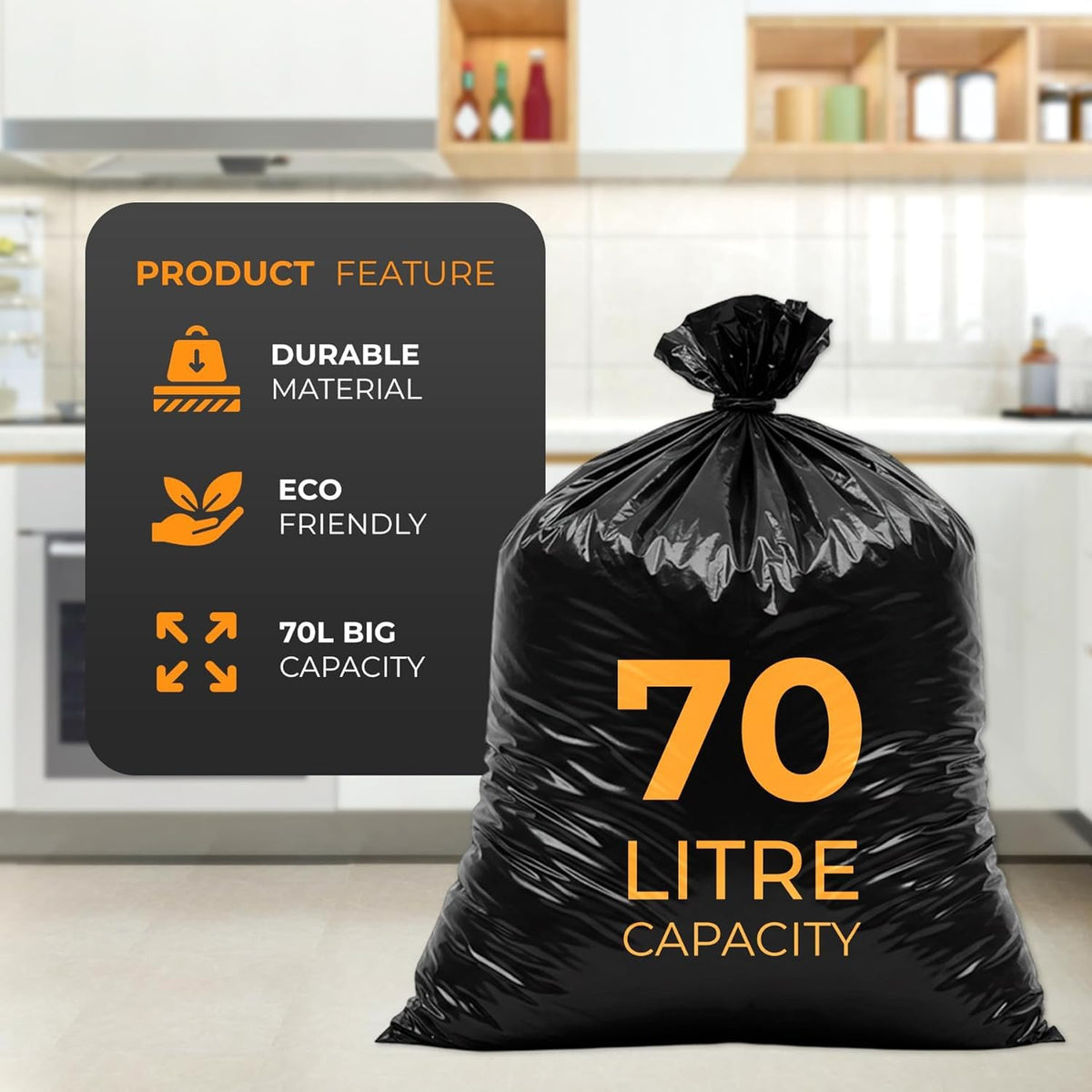 Roe Tenpo 100 Pack Heavy Duty Black Bin Bags – 100L, 33 μm Recyclable Refuse Sacks, Leak-Proof Bin Liners – Rubbish Bags for Kitchen, Home, DIY & Garden, Household, Office & Catering
