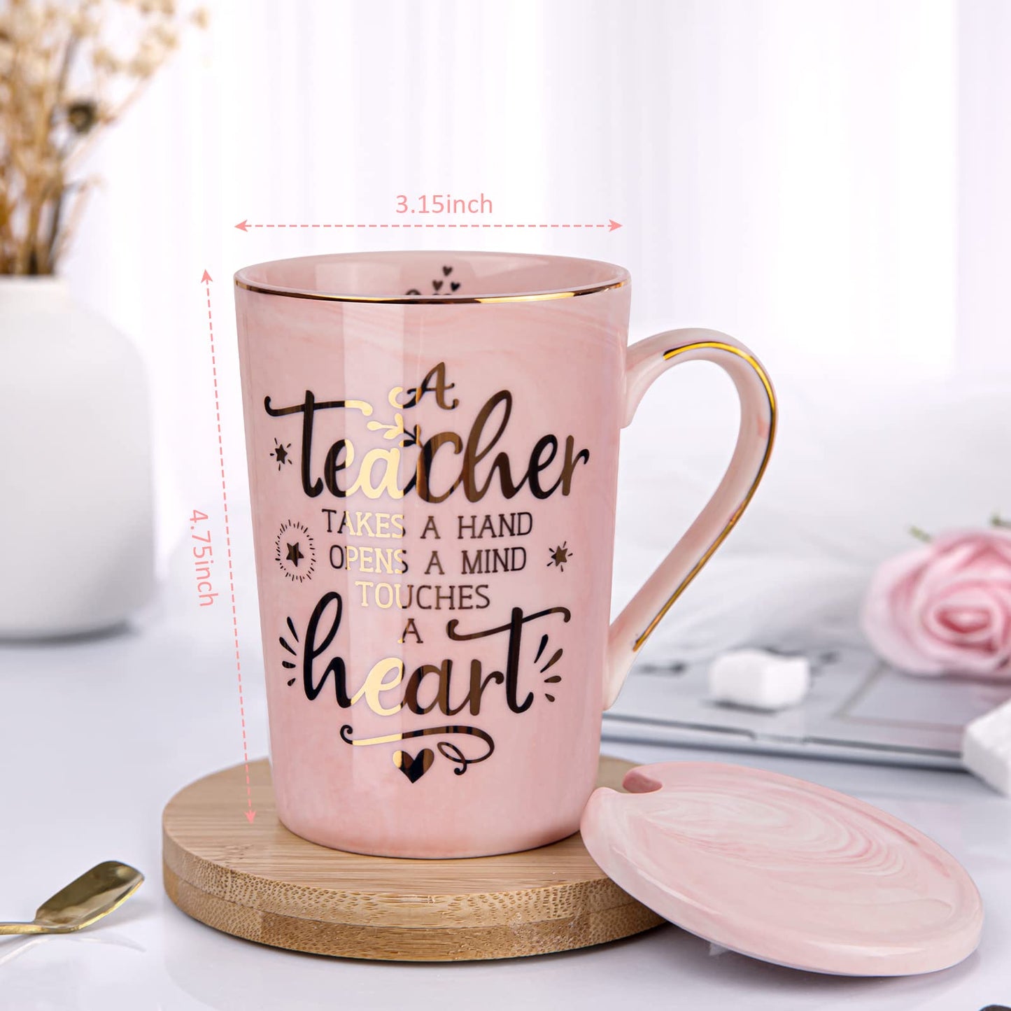Unique Teacher Appreciation Gifts for Women - Best Teacher Gifts for Teachers, 14oz Pink Marble Ceramic Coffee Mug Printed with Gold, Retirement Birthday Graduation Ideas, End of The Year, Gift Boxed