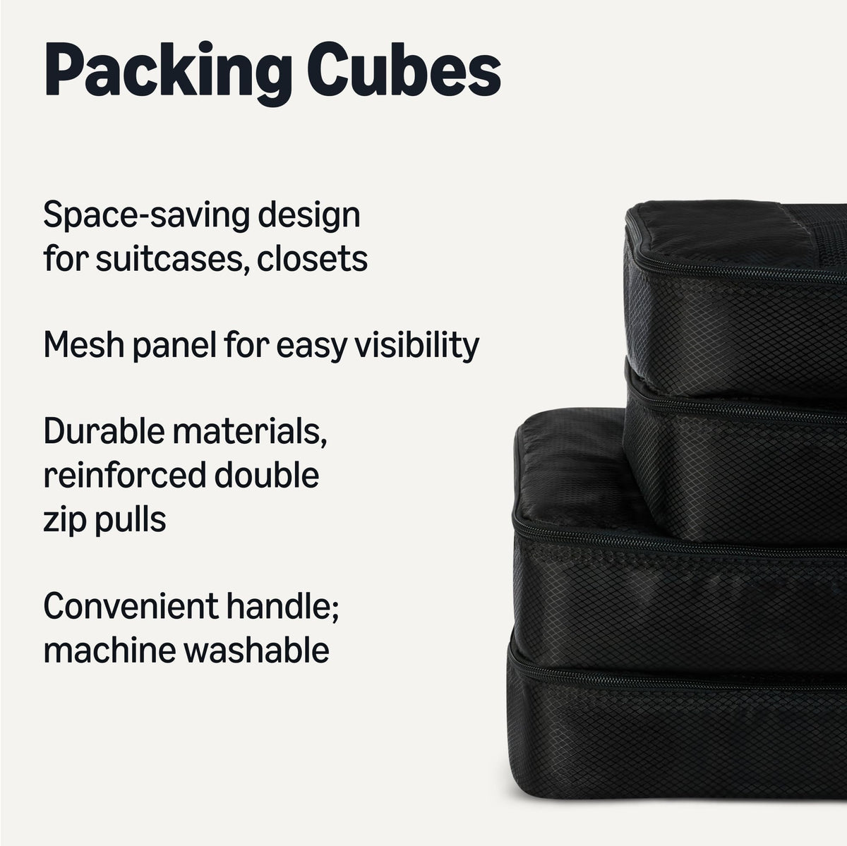 Amazon Essentials 4-Piece Packing Cubes Travel Accessories Set, Luggage Organiser with Double Zip, Mesh Top, 100% Polyester, Medium, Black (Previously Amazon Basics)