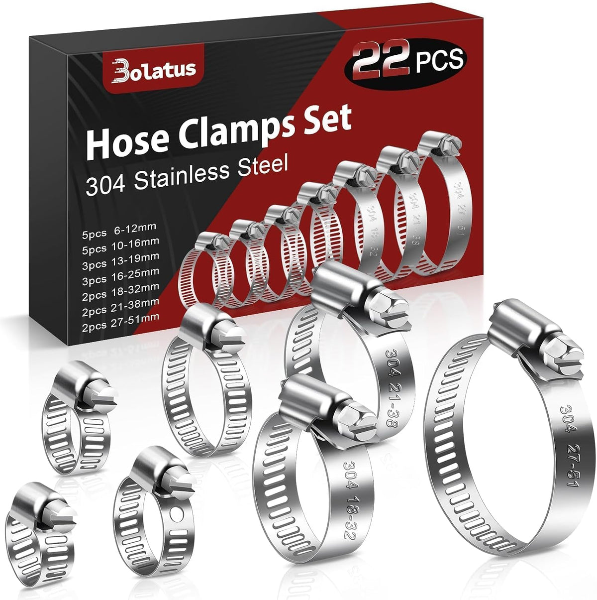 Bolatus Hose Clips 21-38 mm, 12 Pcs Hose Clamp Stainless Steel 304