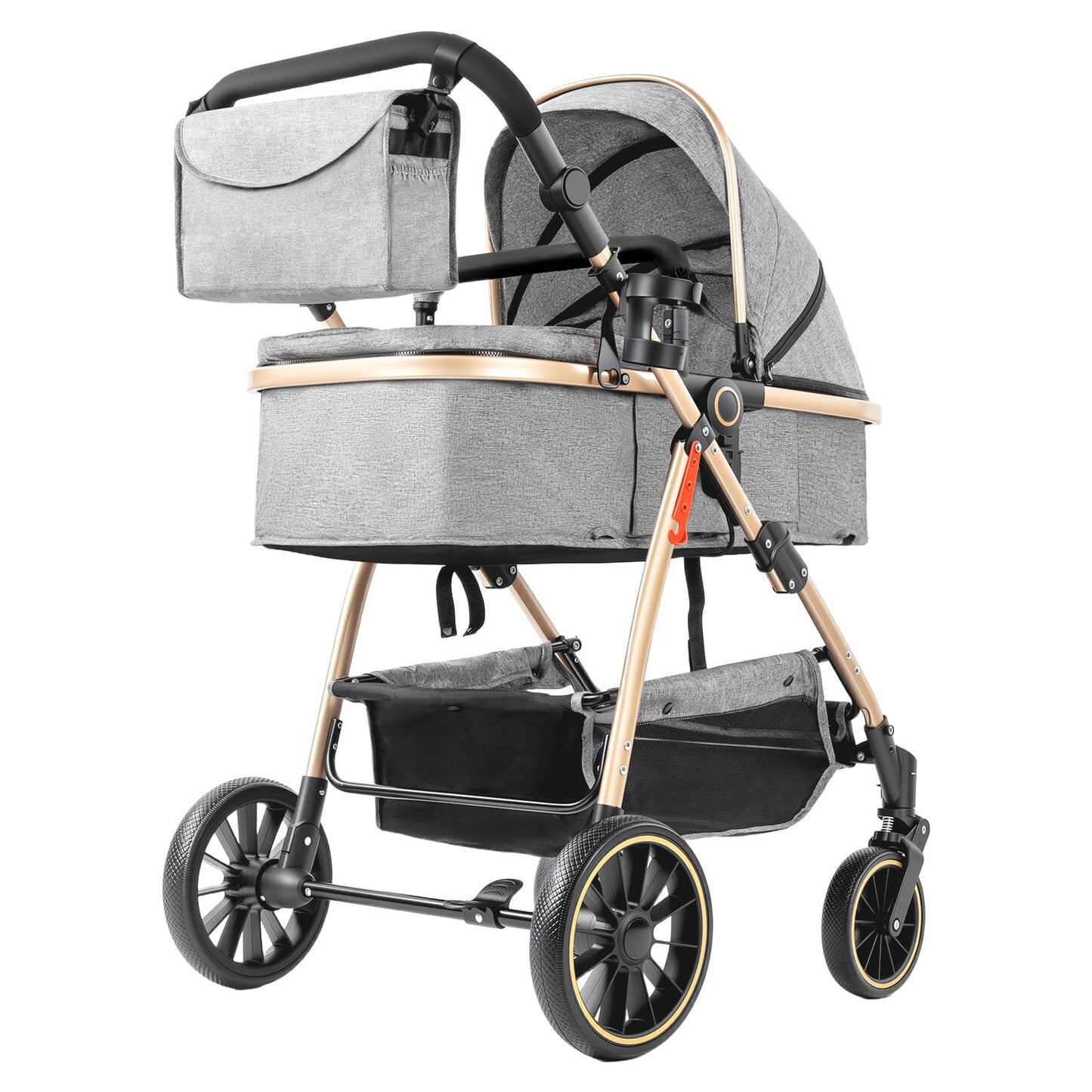 PU Leather 3 in 1 Pushchair Travel System, Toddler Stroller, Baby Pram 3 in 1, Infant Carriage with One-Click Folding, Newborn Buggy with Aluminum Frame (V6 Black)