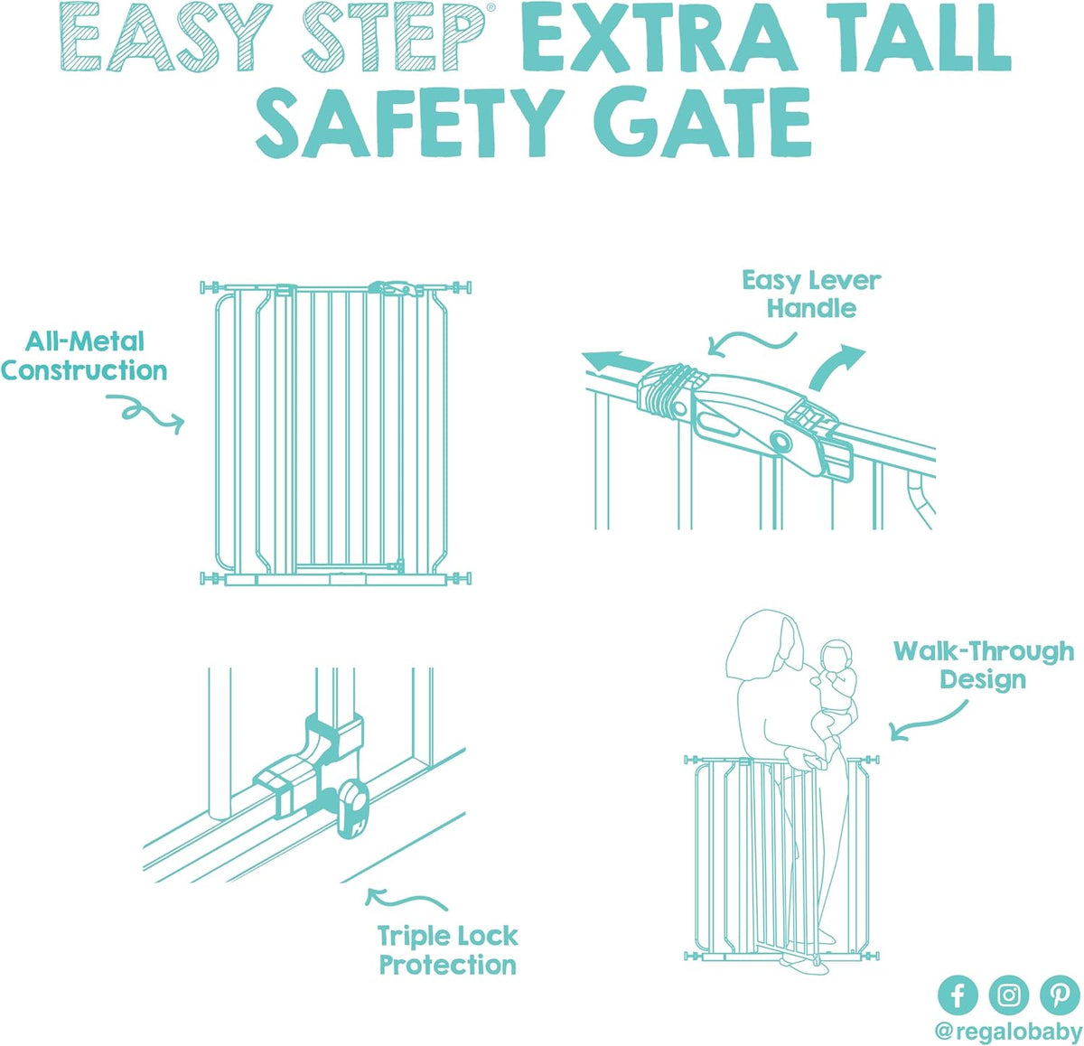 Regalo Safety 91.4cm Extra Tall Baby Gate for Doorways & Bottom of Stairs, Fits Openings 73.6-90cm (Extension Included), Pressure Mounted for Babies, Toddlers & Pets