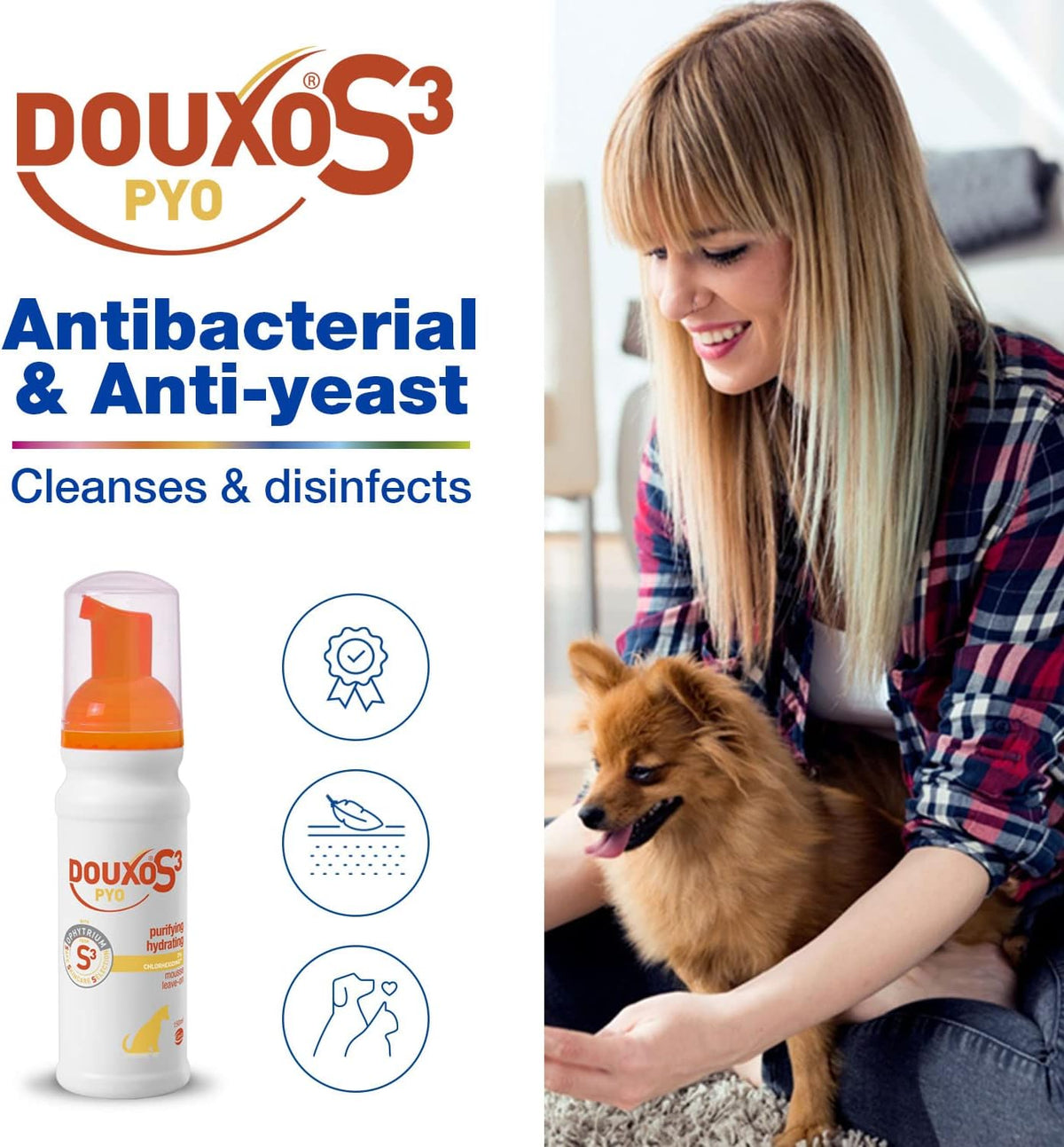 DOUXO S3 PYO Waterless Antibacterial & Anti-Yeast Leave-On Mousse, 150ml