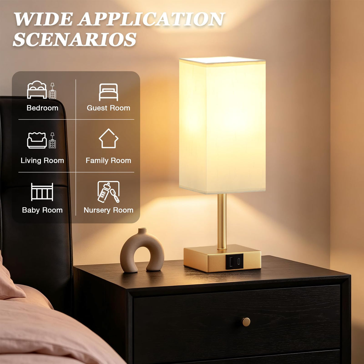 Pink Touch Lamp, Bed Lamp with Dual USB Charging Ports, Pink-Base (Bulb Included)