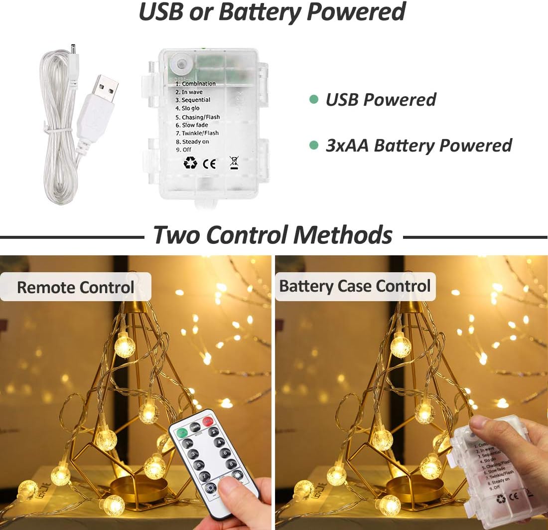 Zorela Globe Fairy Lights, 15M/49ft 100 LED Globe String Lights with Remote - USB or Battery Powered - 8 Modes - Outdoor Indoor String Fairy Lights for Christmas, Balcony, Gazebo, Garden, Camping