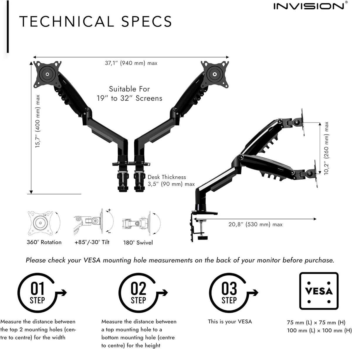 Invision Monitor Arm Desk Mount for 19-32 Inch Screens - VESA 75/100mm Desk Clamp Stand - Tool Free Height Adjustment with Tilt Swivel Rotate - Increased Load Capacity from 2-9kg MX400 Dual Arm