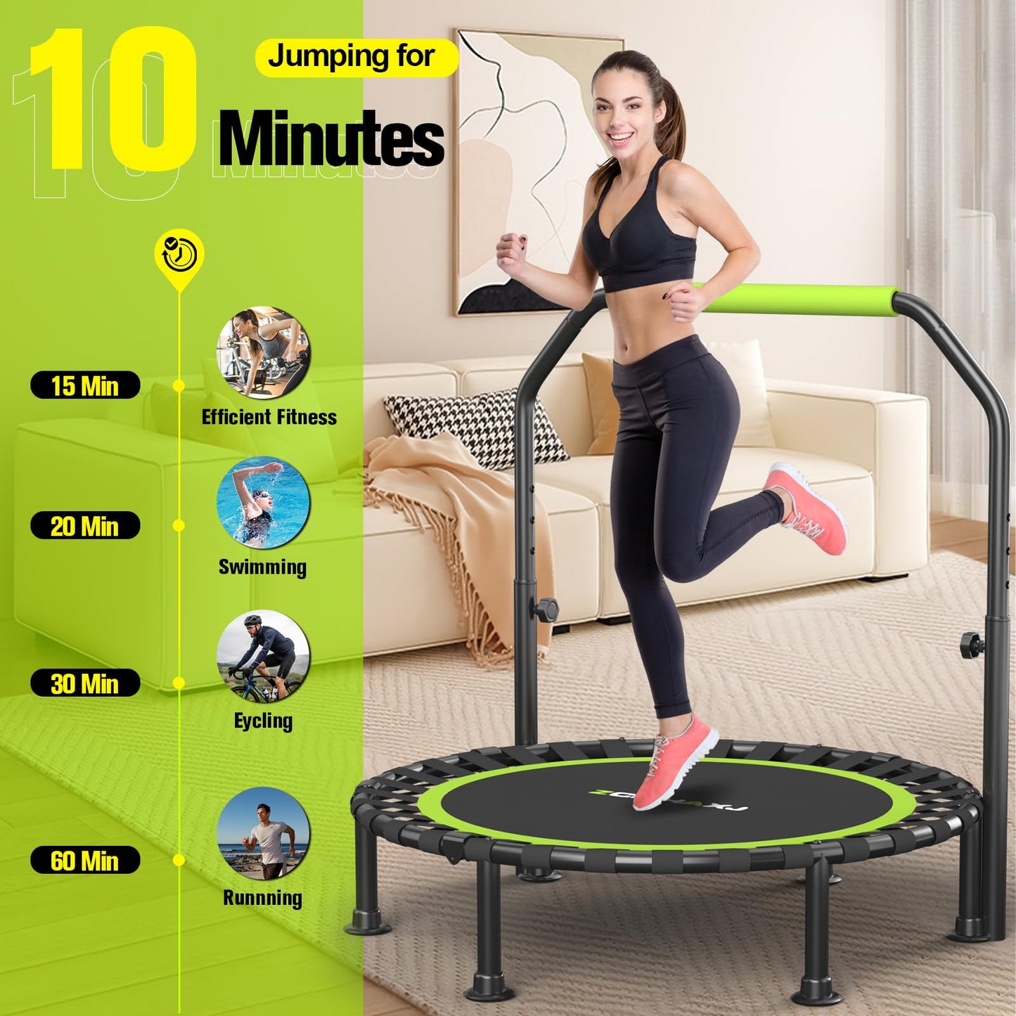 ZCMHAXJ Foldable Mini Trampoline, 40" Rebounder Trampoline for Adults & Kids, 450lbs Capacity with/without U/T-Shaped Adjustable Bar, Indoor Fitness Workout Exercise Equipment