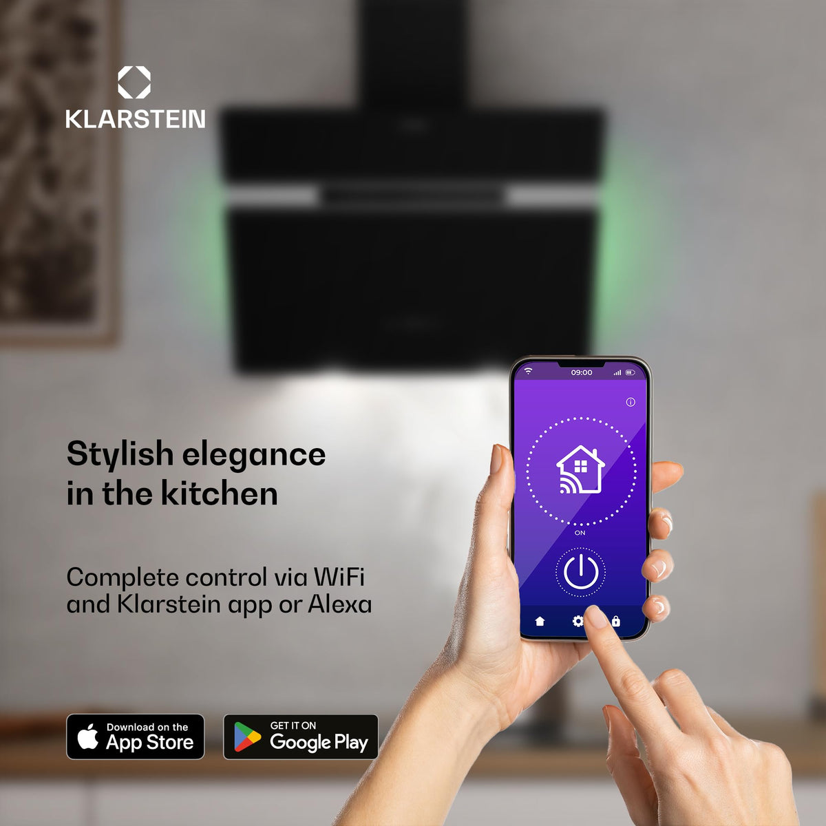 Klarstein Alina 90 Angled Cooker Hood - 615m³/h Air Flow, Touch Panel, LED Backlighting, Quiet 63dB, Energy Class A, 90cm Extractor Hood, Black