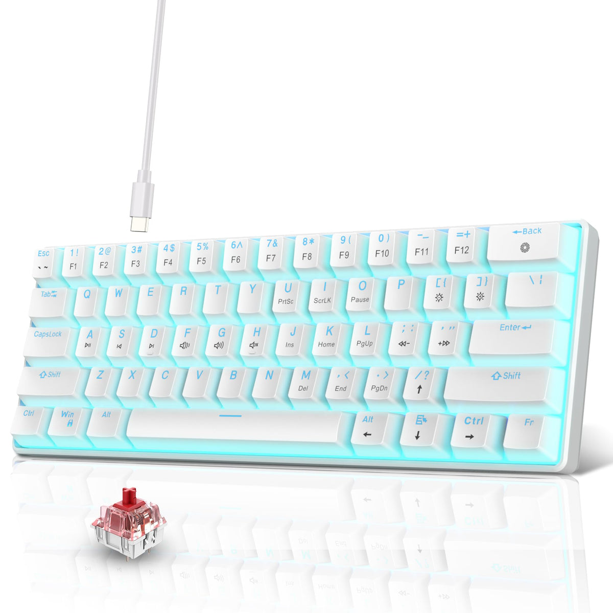 Snpurdiri Wired Mechanical Gaming Keyboard, 60% Size, LED Backlight, 61 Keys, Small Wired Office Keyboard for Windows Laptop/PC, Mac (Black-Red, Blue Switches)