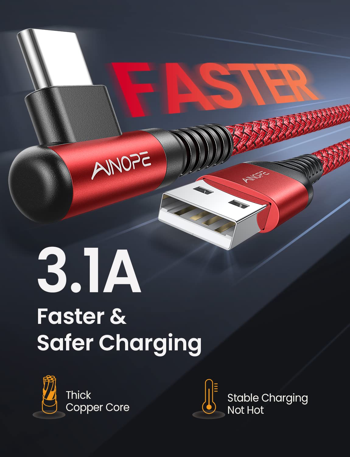 AINOPE USB C Charger Cable,(2Pack 2M) 3.1A Right Angle USB to USB C Cable