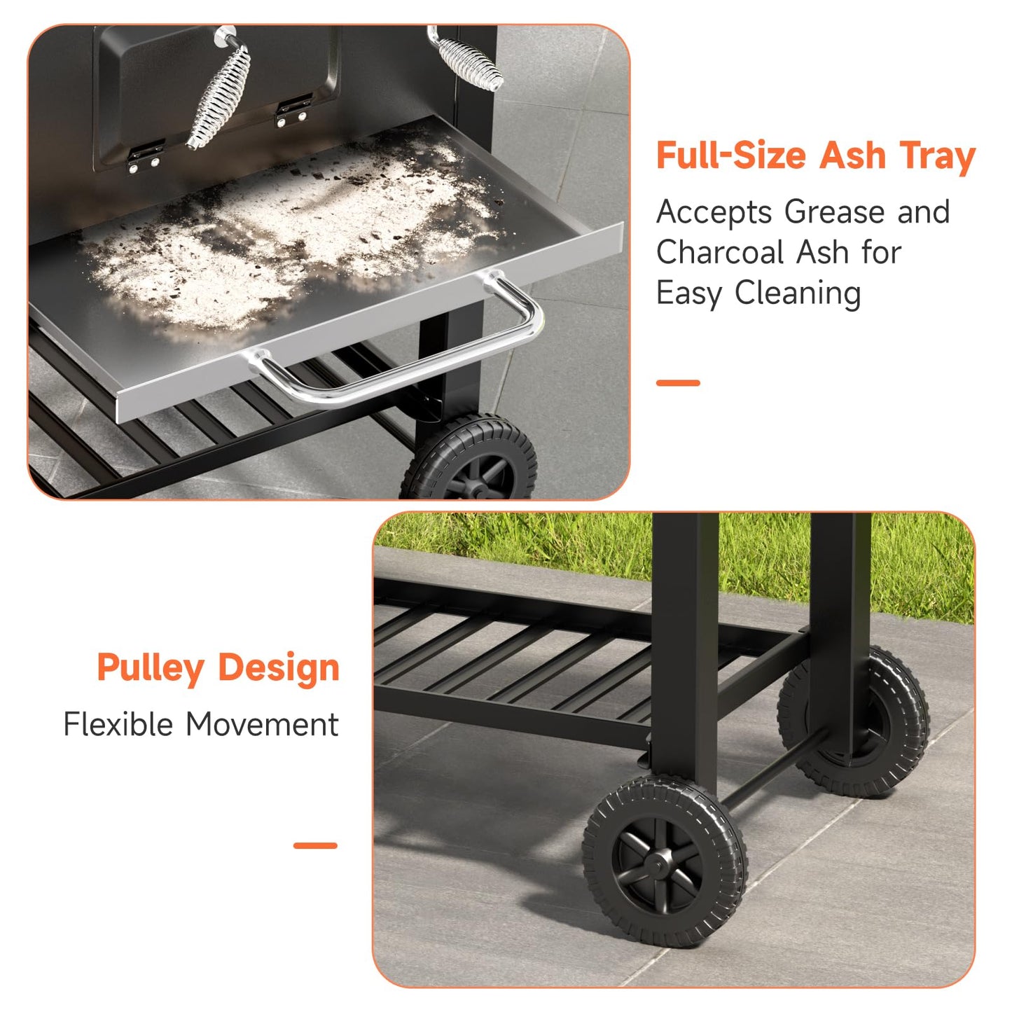 XXXL Smoker Charcoal BBQ, Portable Barbecue Grill with Wheel & 2 Folding Table, Thermometer & Adjustable Charcoal Pan, Large Outdoor BBQ Grill Smoker for Patio Home Garden Cooking