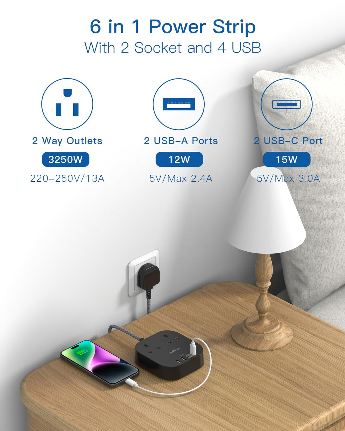 Addtam 3M Extension Lead with USB Slots, Power Strips with 2AC Outlets 4USB