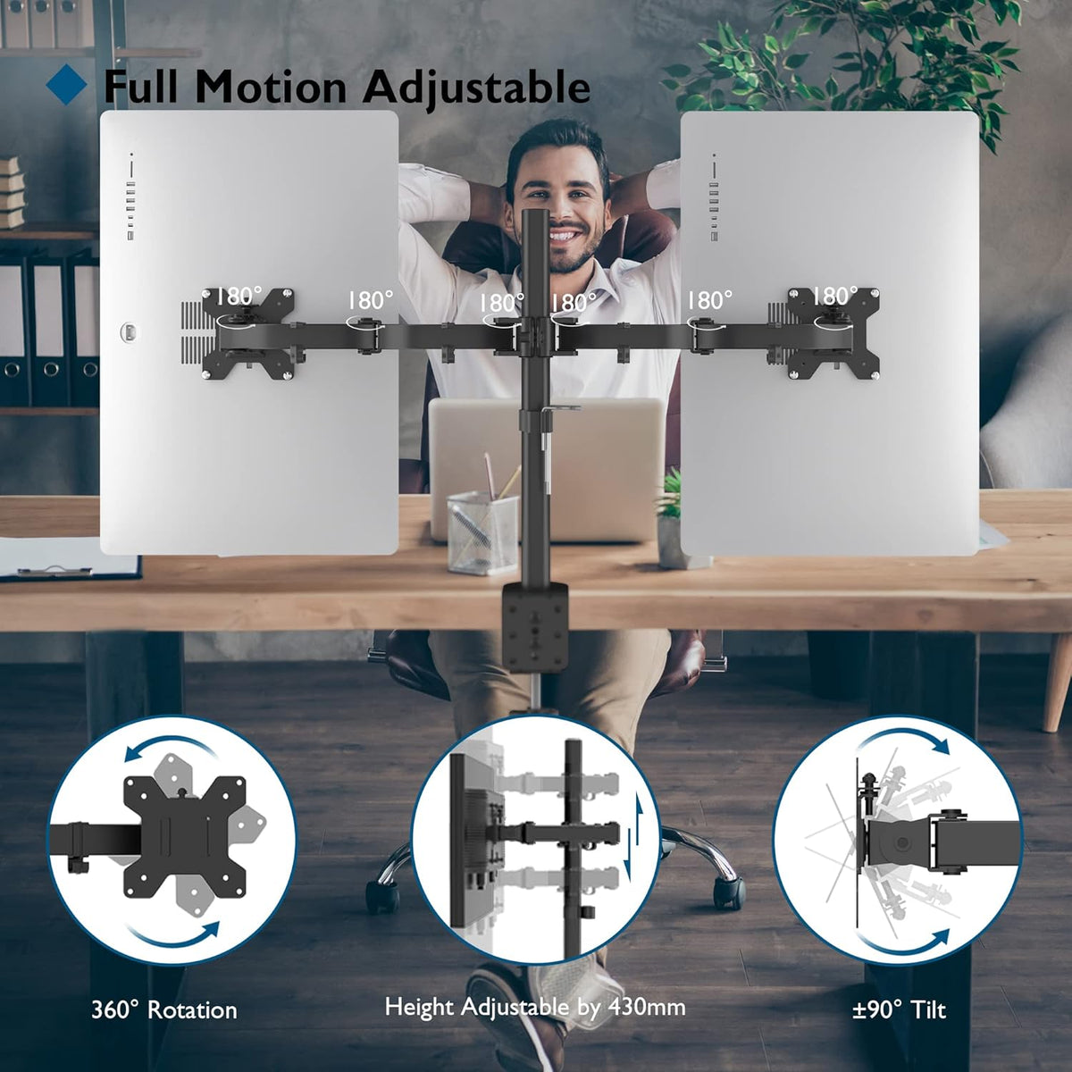 BONTEC Dual Monitor Arm Desk Mount for 13–27 Inch Computer Screens, VESA 75x75/100x100, Full Motion Adjustable Monitor Arm with 360° Rotation, Height Adjustable up to 430mm, Max 10kg per Arm, Black