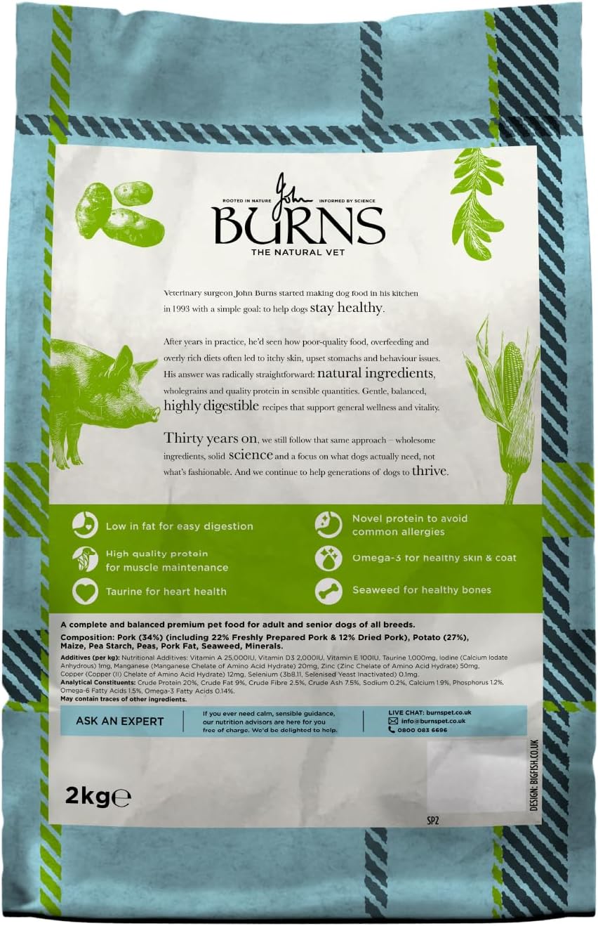 Burns Pet Nutrition Hypoallergenic Complete Dry Dog Food Adult and Senior Dog Sensitive with Pork and Potato 2 kg