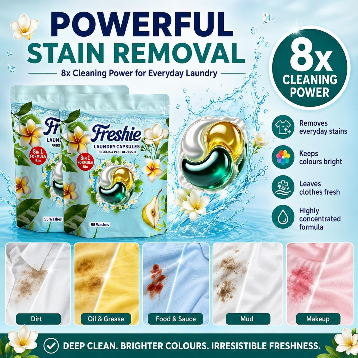 Bio Washing Pods - Laundry Detergent Pods 110 Washes, Fresh Freesia & Pear Blossom Scent - Powerful Stain Removal, Gentle on Skin, Freshness that Lasts and Lasts