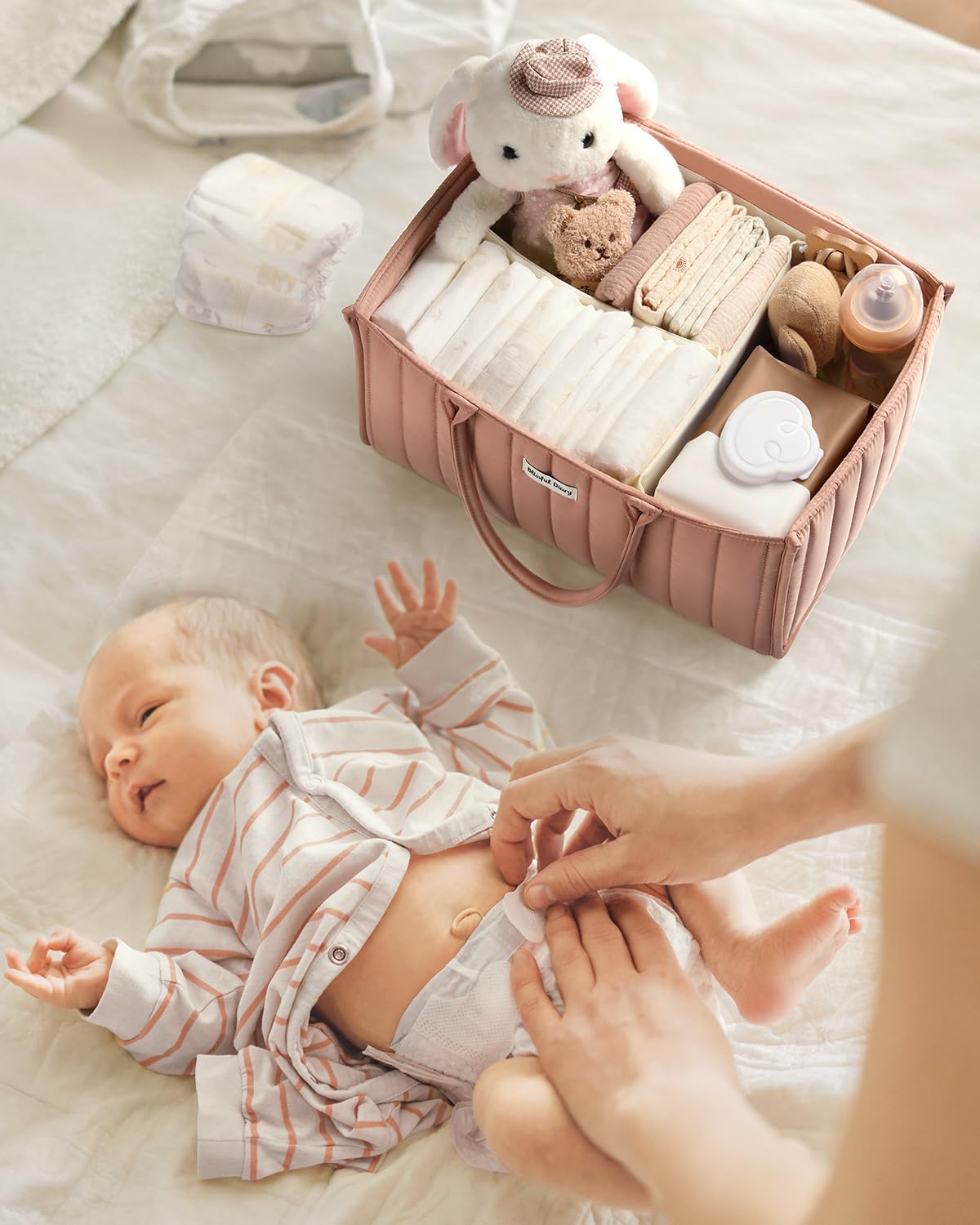 Blissful Diary Nappy Caddy Organiser, Baby Diaper Caddy for Nappy Station, Stylish Storage Basket for Newborn Essentials, Baby Shower Gifts for Girl or Boy, Woodland Cream