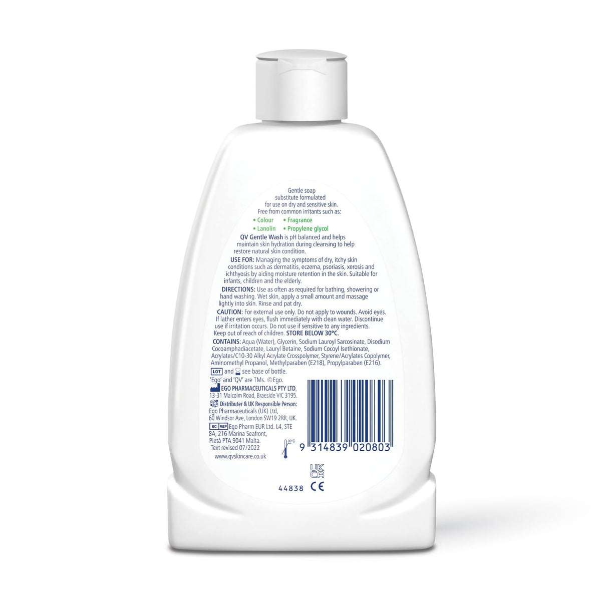 QV Gentle Wash (500g) for Dry, Sensitive Skin, pH Balanced, Unscented, Soap Free, Moisturising Soap alternative that lathers for Dry Skin Eczema, Psoriasis, Dermatitis for whole body